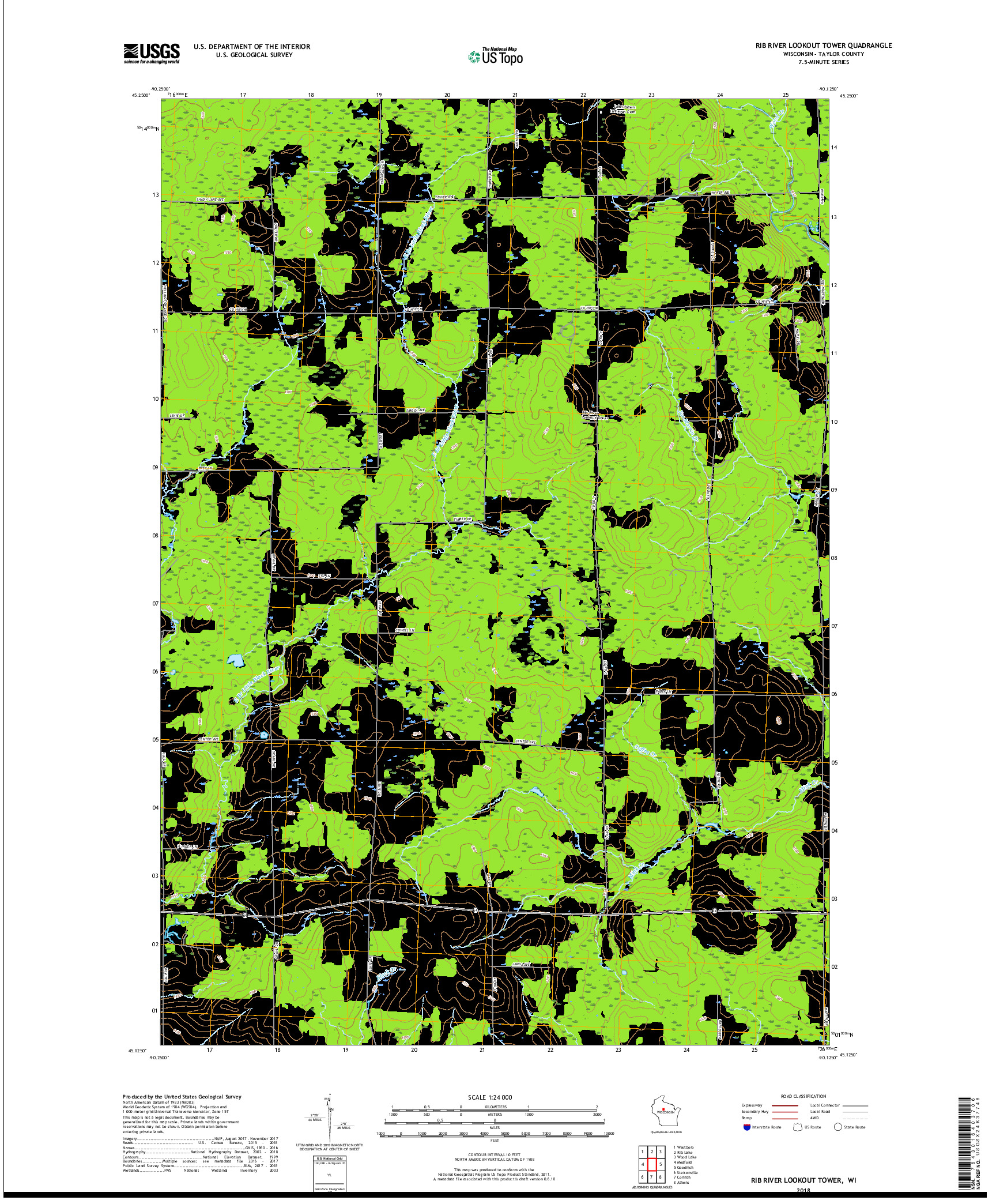 USGS US TOPO 7.5-MINUTE MAP FOR RIB RIVER LOOKOUT TOWER, WI 2018