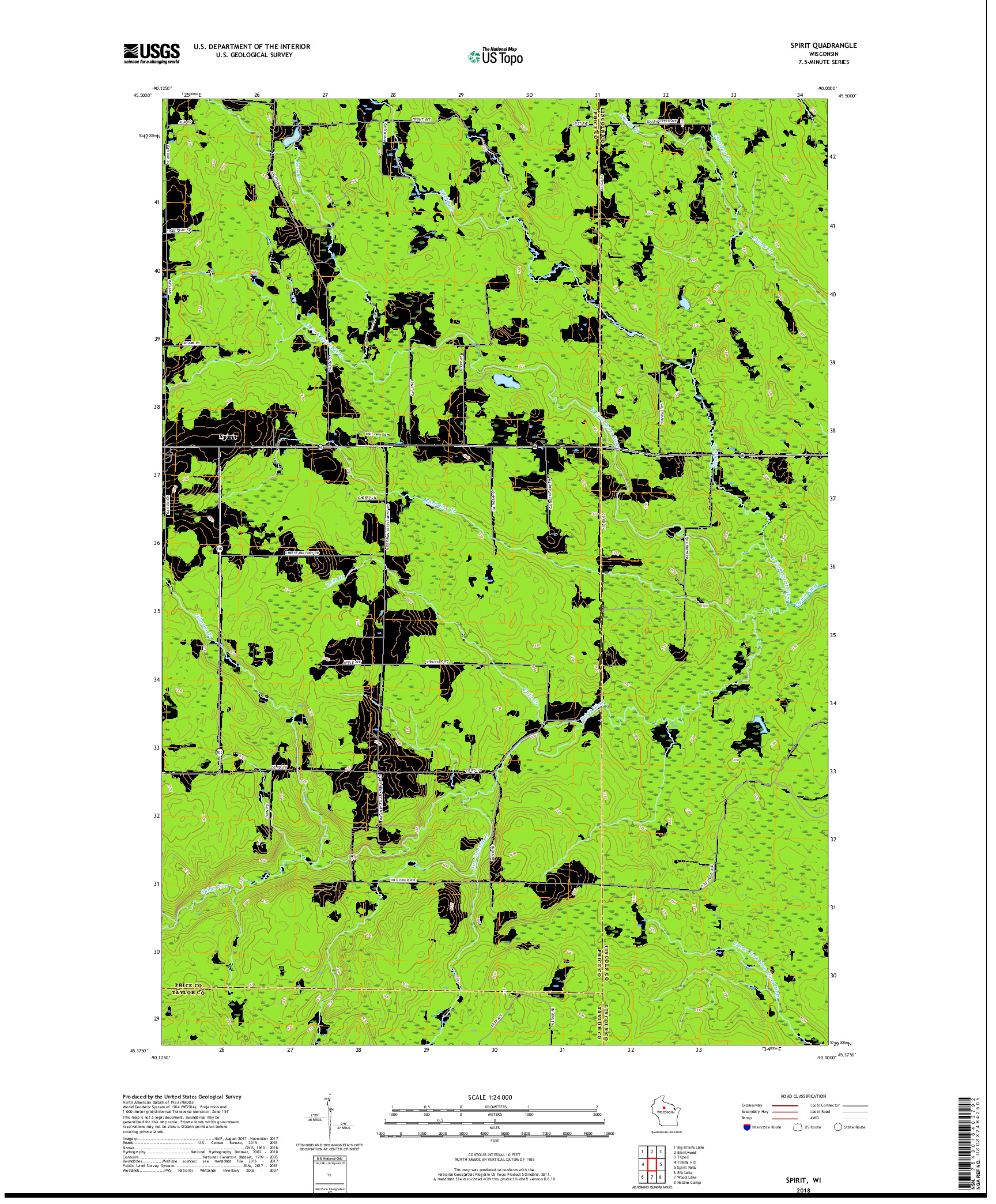 USGS US TOPO 7.5-MINUTE MAP FOR SPIRIT, WI 2018