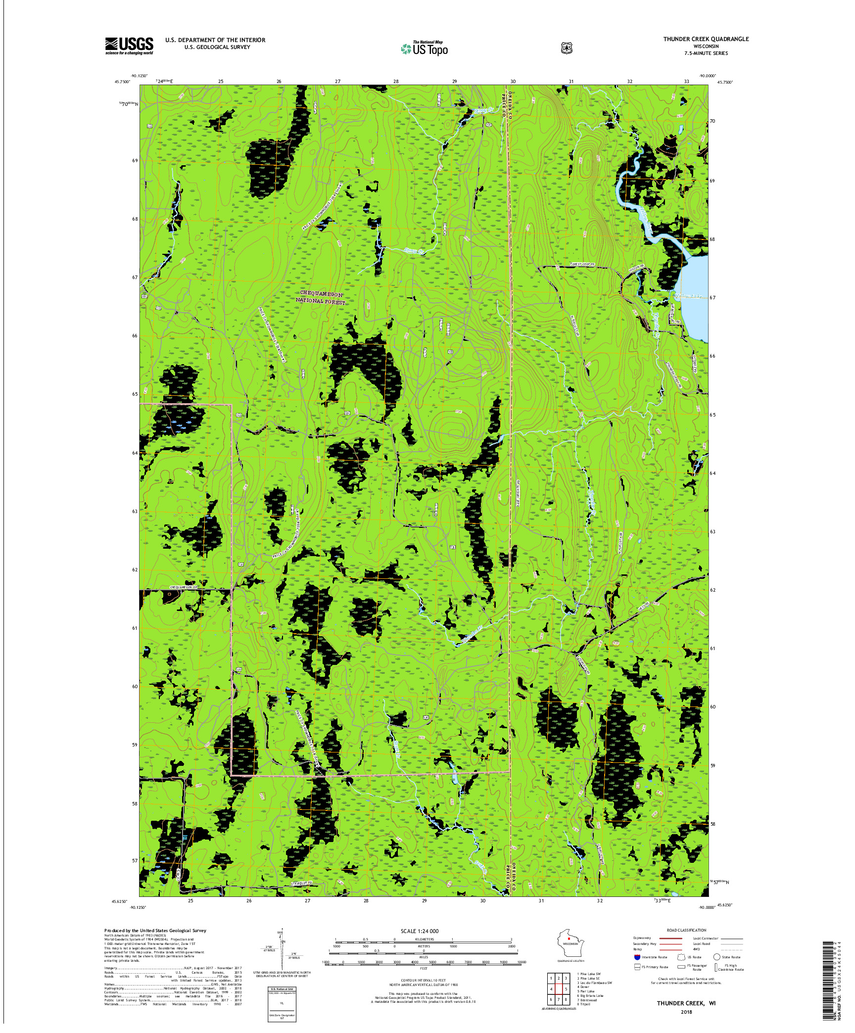 USGS US TOPO 7.5-MINUTE MAP FOR THUNDER CREEK, WI 2018