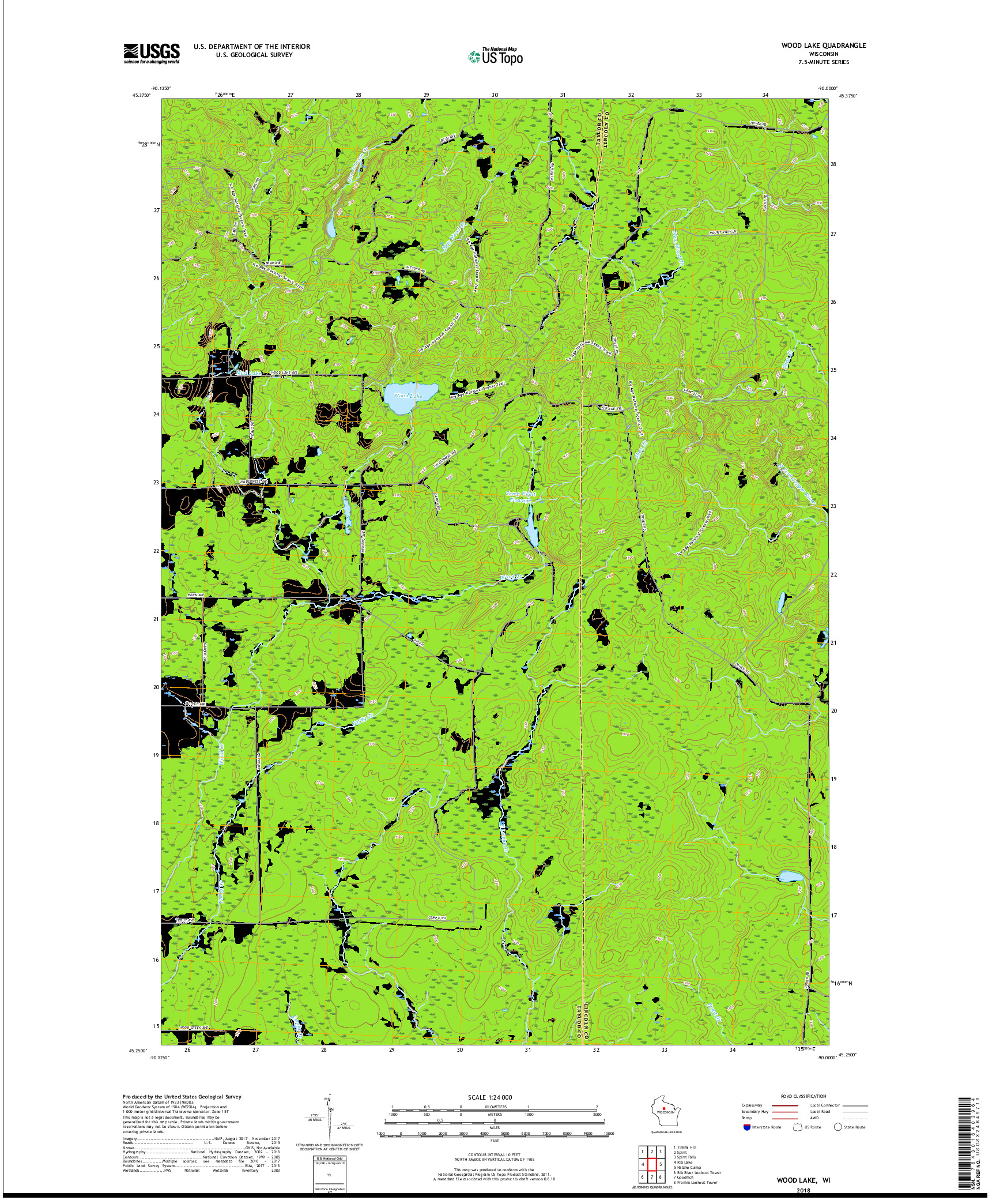 USGS US TOPO 7.5-MINUTE MAP FOR WOOD LAKE, WI 2018