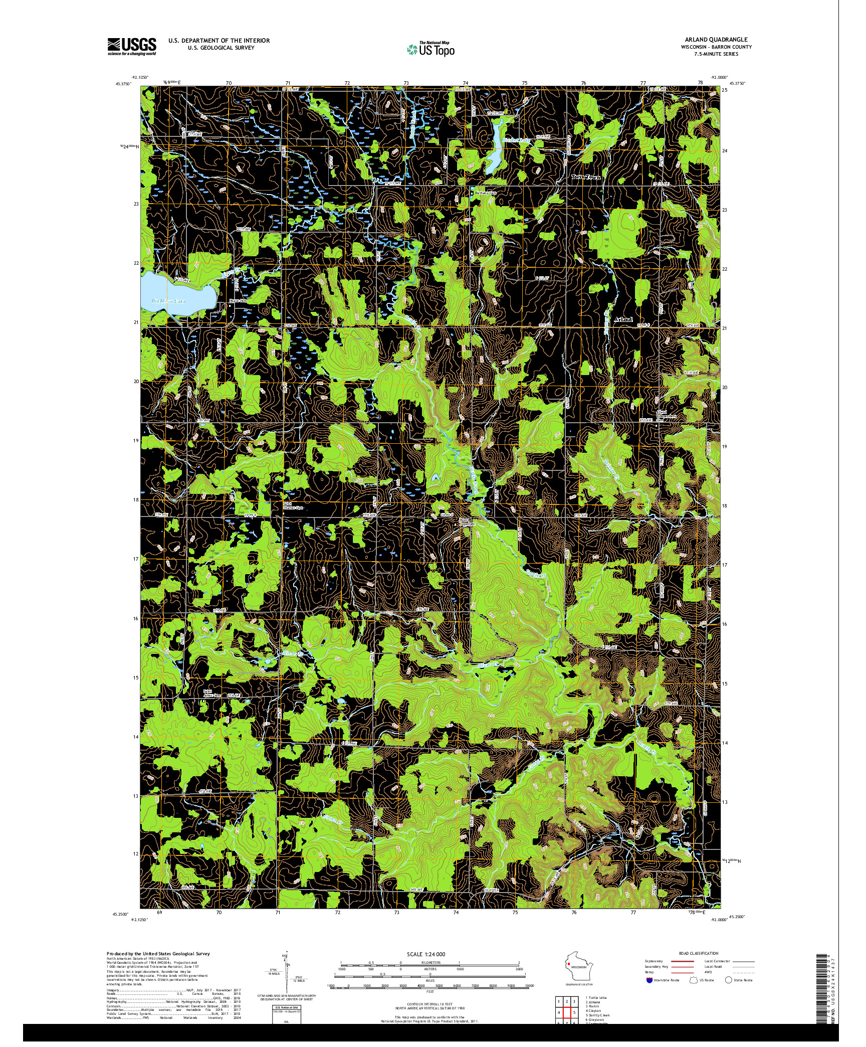 USGS US TOPO 7.5-MINUTE MAP FOR ARLAND, WI 2018