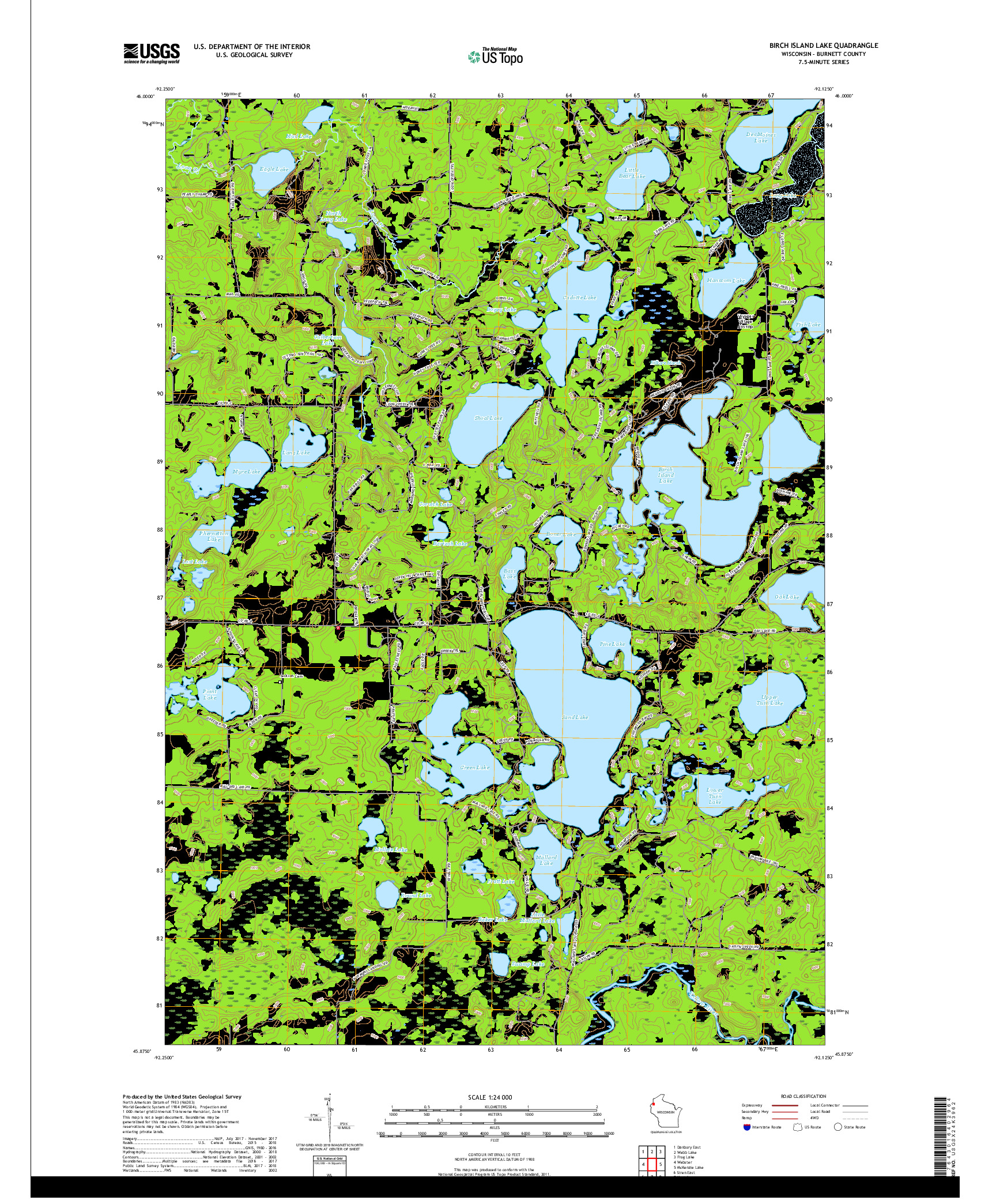 USGS US TOPO 7.5-MINUTE MAP FOR BIRCH ISLAND LAKE, WI 2018