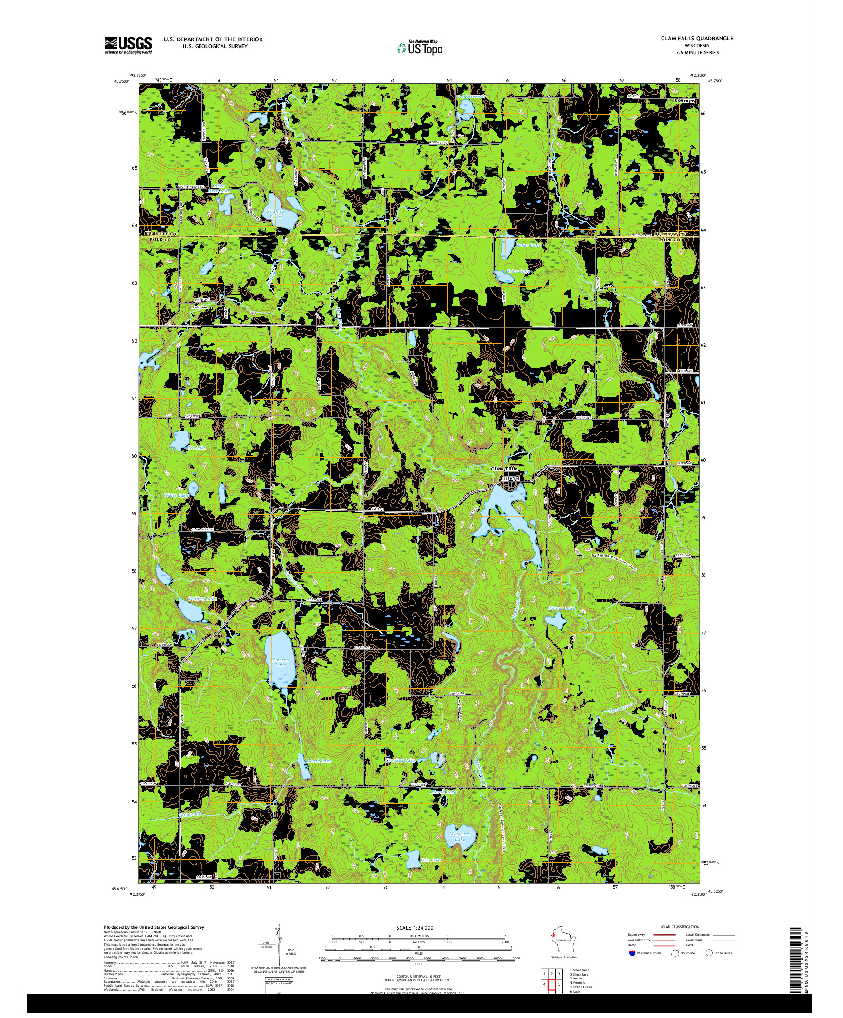 USGS US TOPO 7.5-MINUTE MAP FOR CLAM FALLS, WI 2018