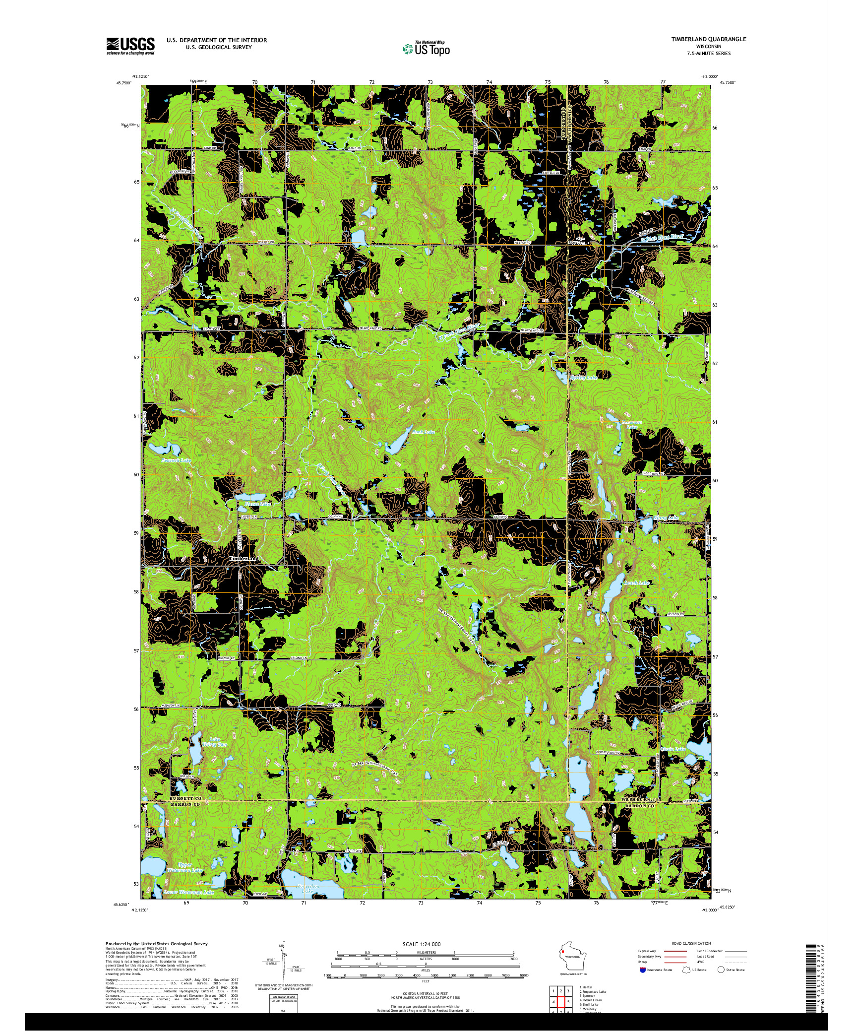 USGS US TOPO 7.5-MINUTE MAP FOR TIMBERLAND, WI 2018