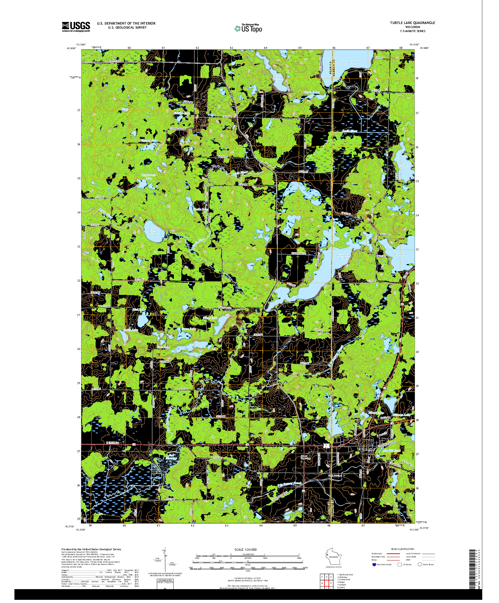 USGS US TOPO 7.5-MINUTE MAP FOR TURTLE LAKE, WI 2018