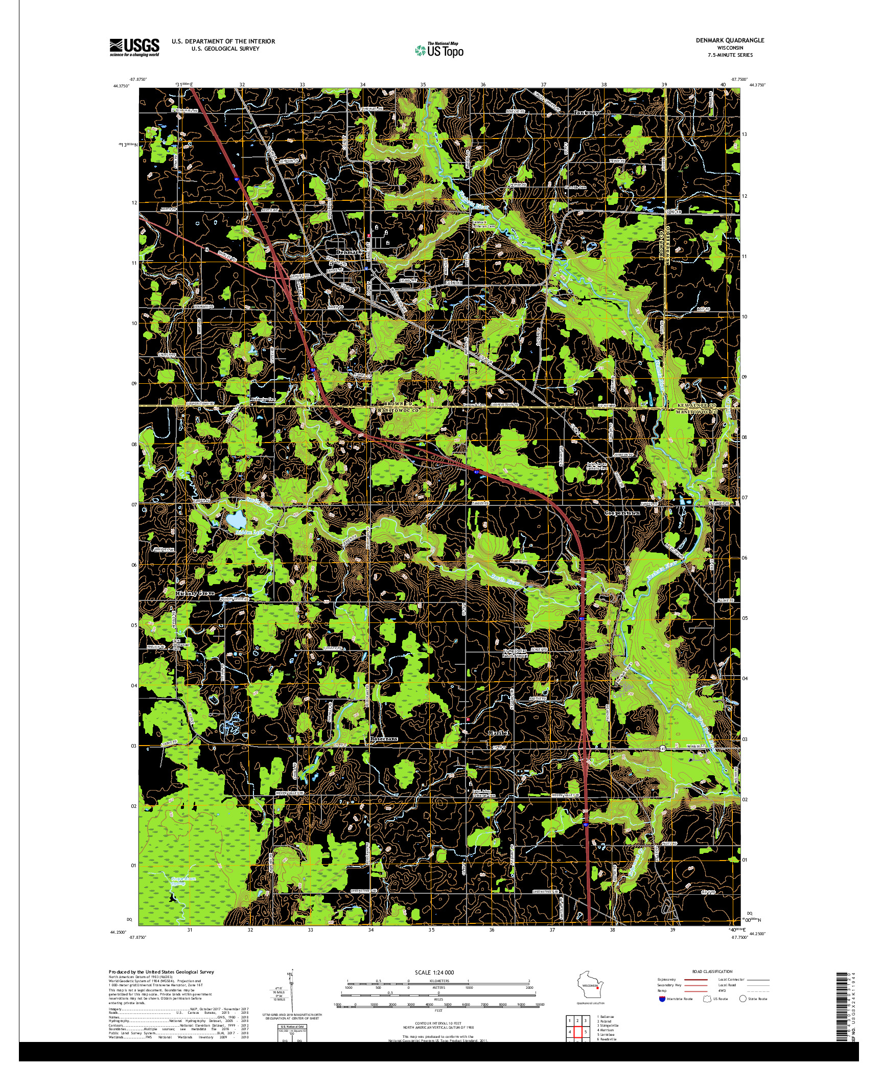 USGS US TOPO 7.5-MINUTE MAP FOR DENMARK, WI 2018