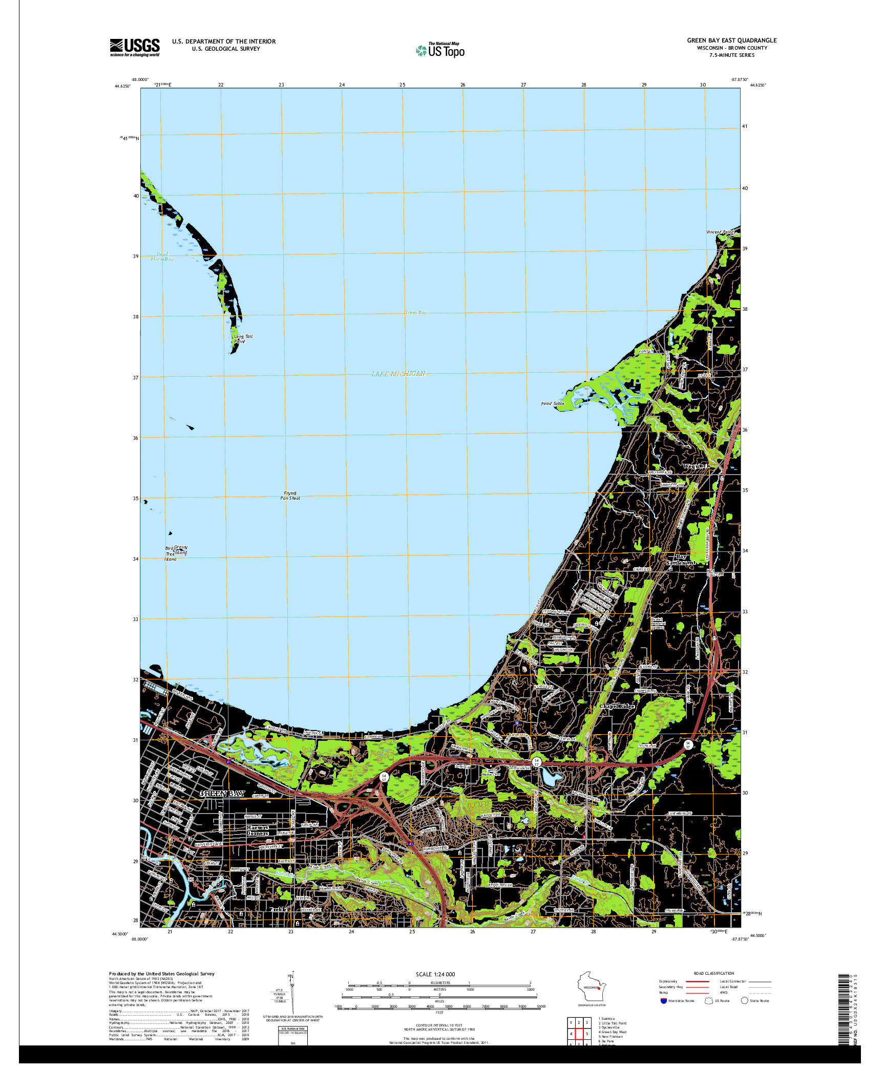 USGS US TOPO 7.5-MINUTE MAP FOR GREEN BAY EAST, WI 2018