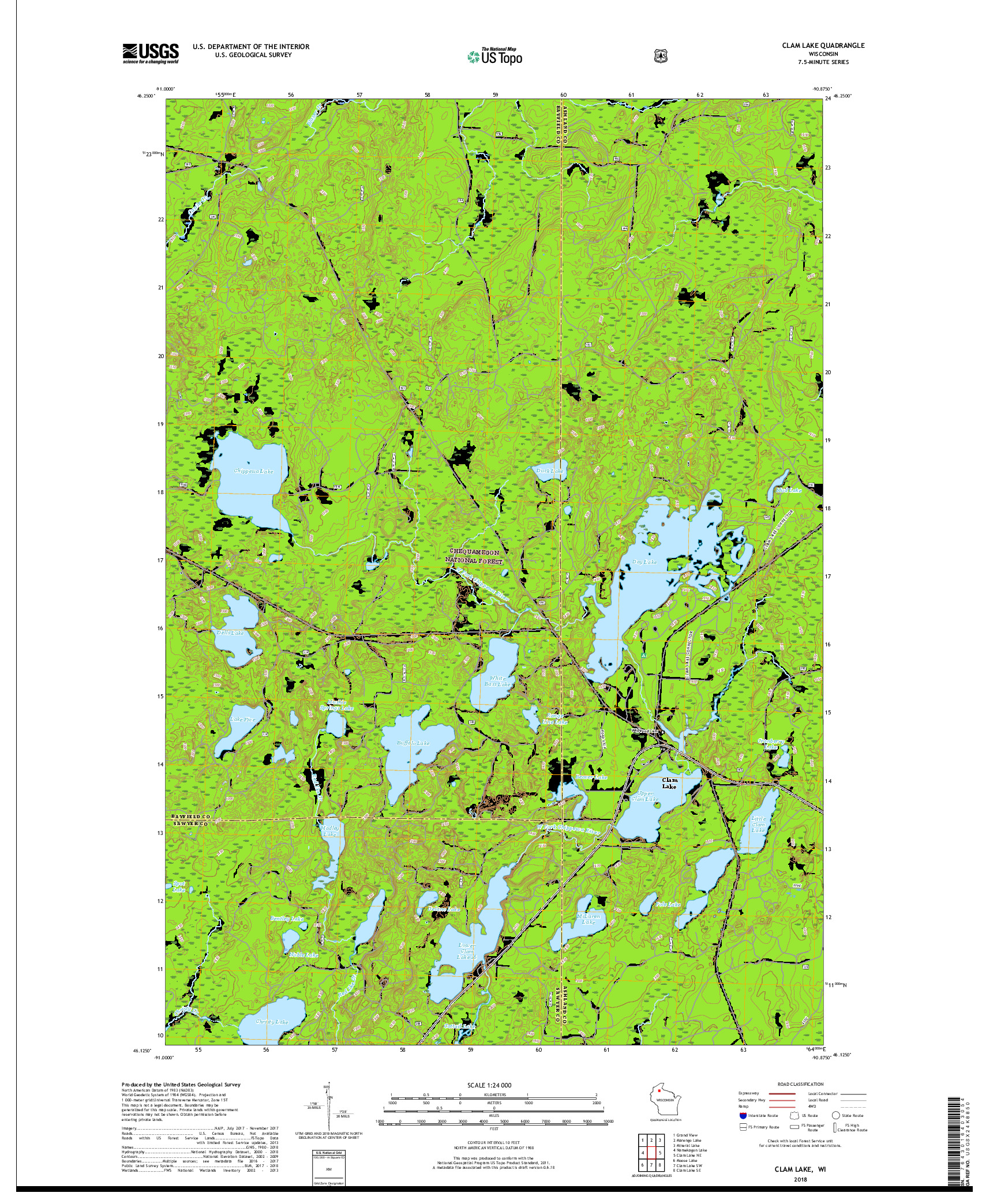 USGS US TOPO 7.5-MINUTE MAP FOR CLAM LAKE, WI 2018