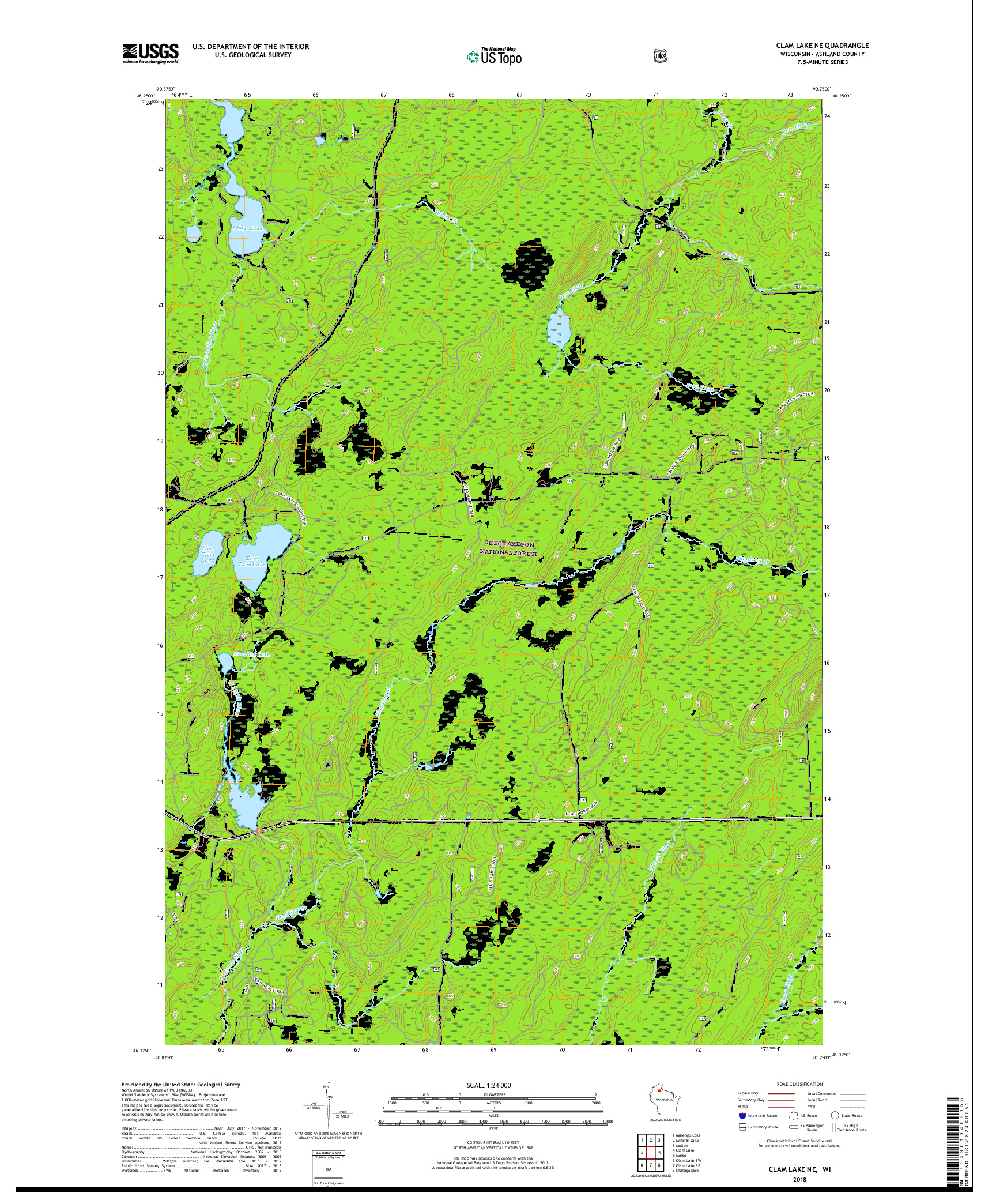 USGS US TOPO 7.5-MINUTE MAP FOR CLAM LAKE NE, WI 2018