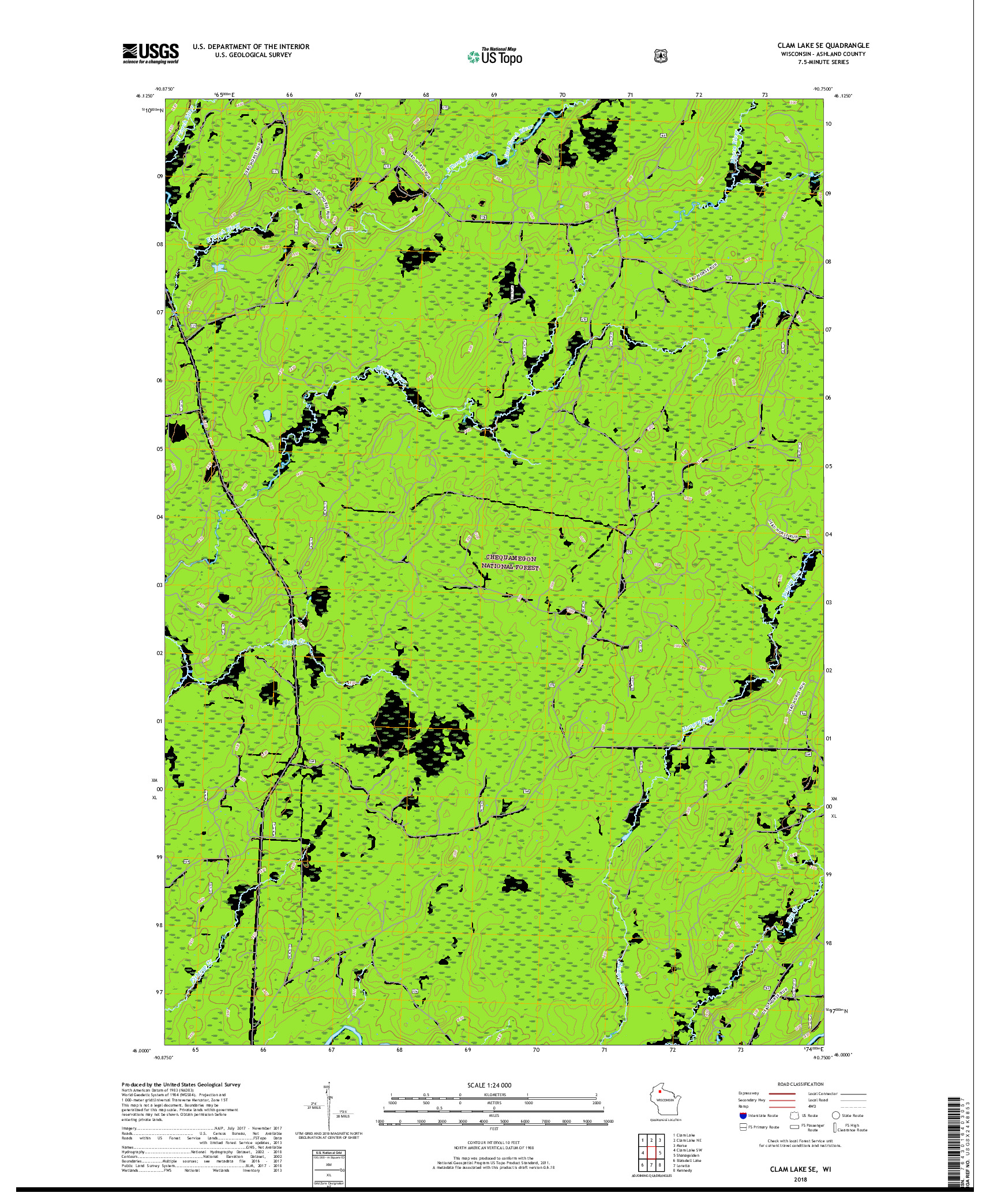 USGS US TOPO 7.5-MINUTE MAP FOR CLAM LAKE SE, WI 2018