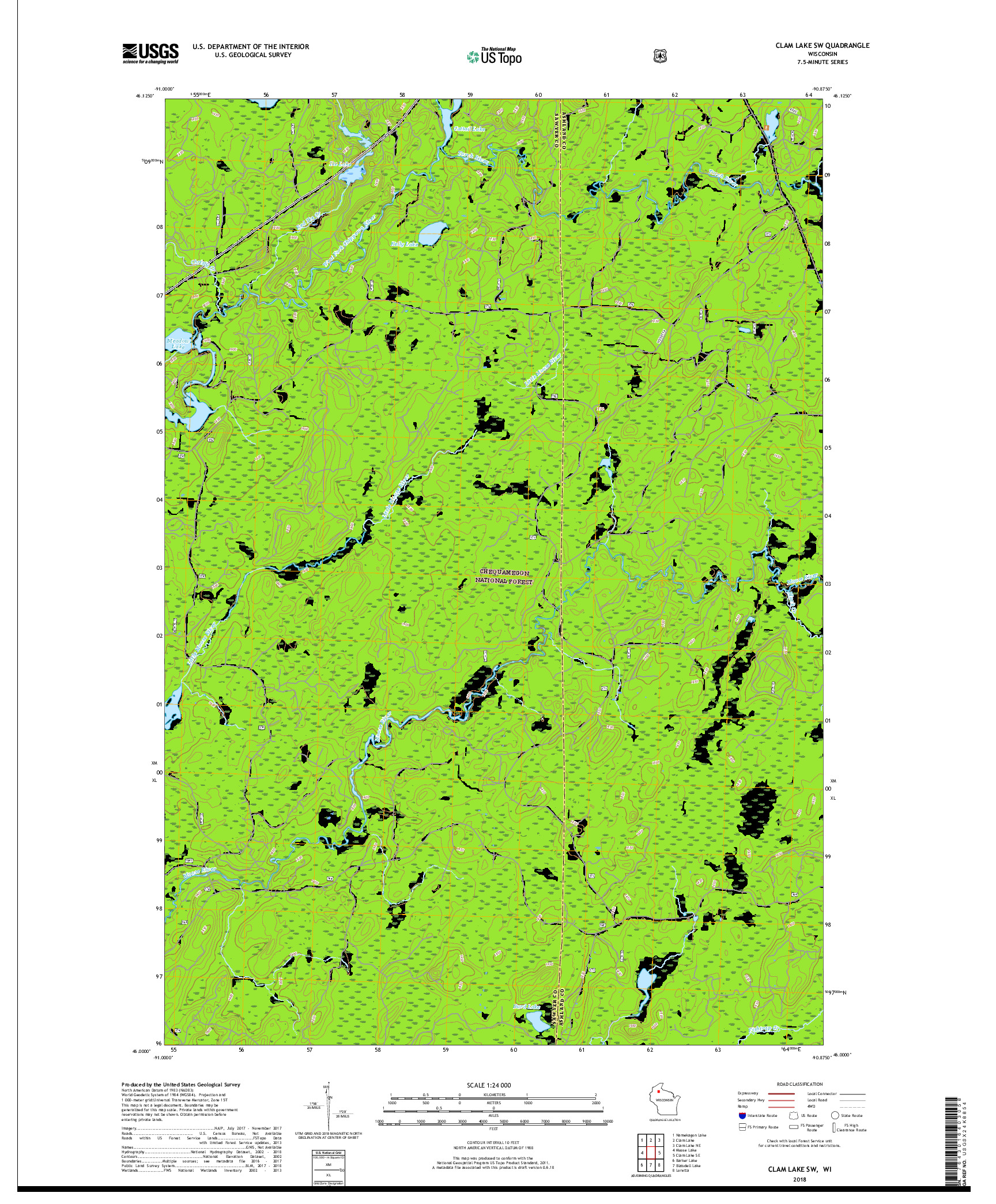 USGS US TOPO 7.5-MINUTE MAP FOR CLAM LAKE SW, WI 2018