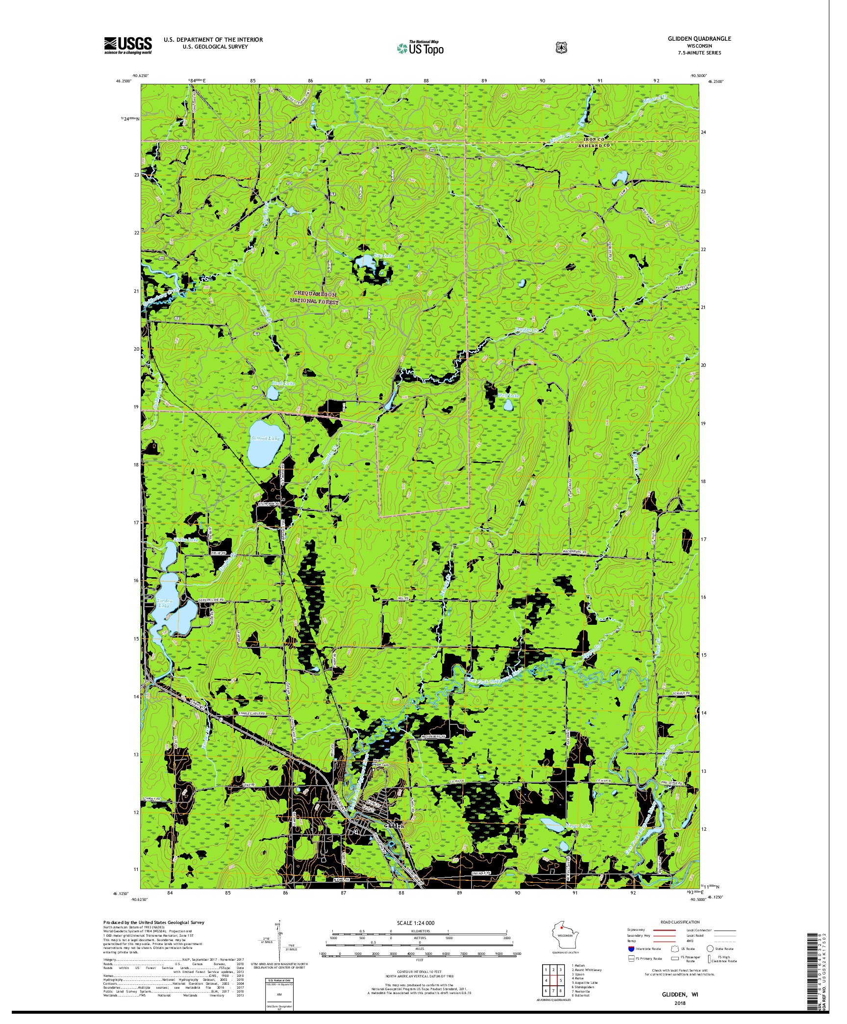 USGS US TOPO 7.5-MINUTE MAP FOR GLIDDEN, WI 2018