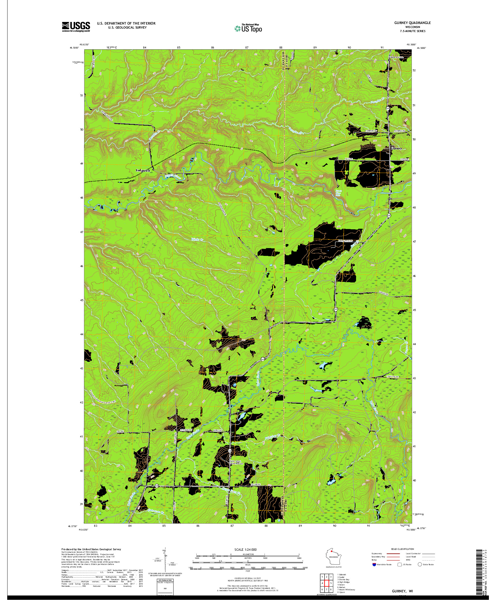 USGS US TOPO 7.5-MINUTE MAP FOR GURNEY, WI 2018