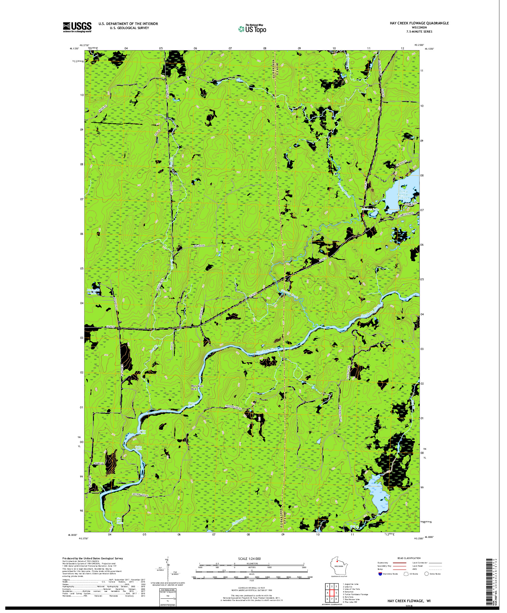 USGS US TOPO 7.5-MINUTE MAP FOR HAY CREEK FLOWAGE, WI 2018