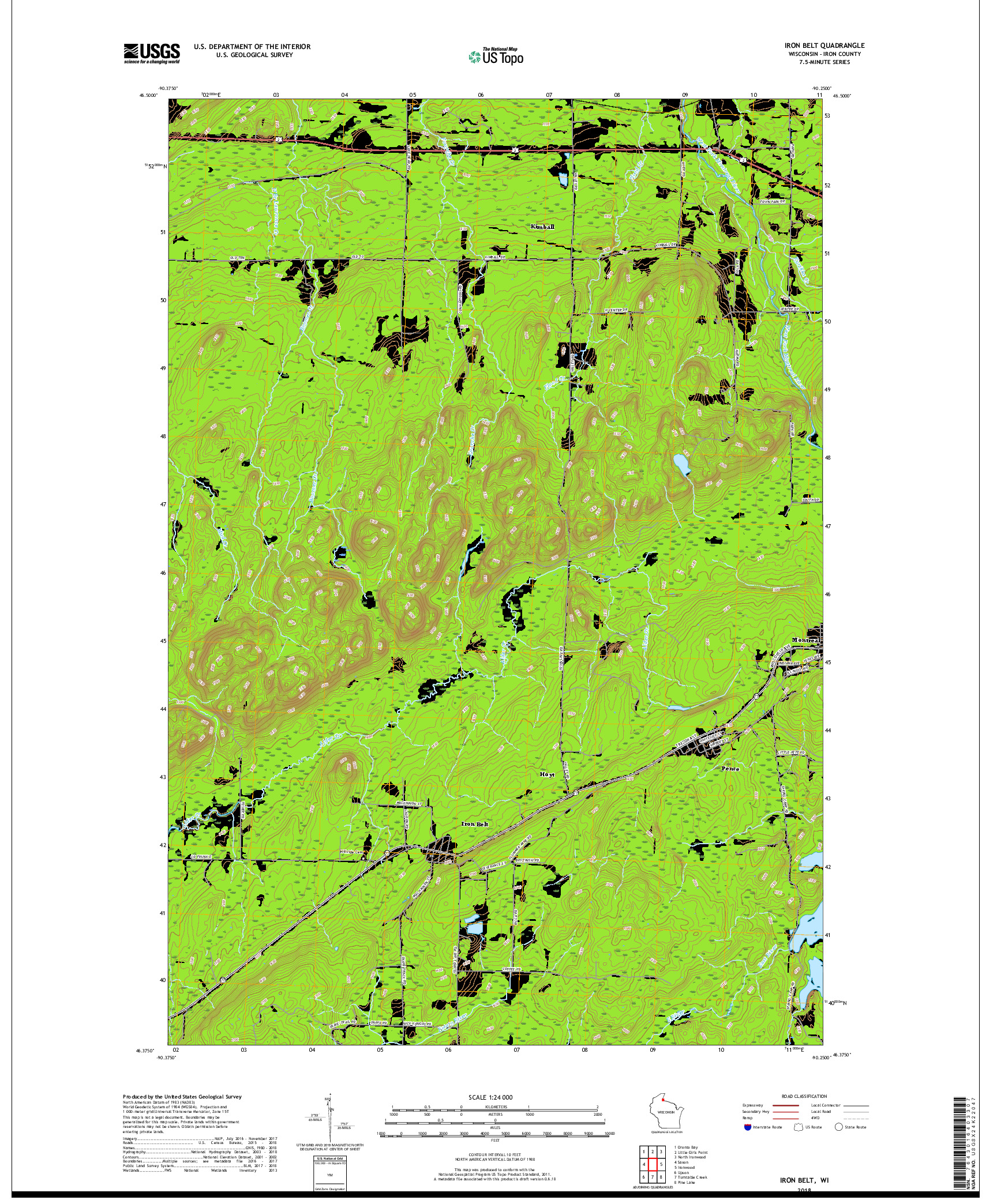 USGS US TOPO 7.5-MINUTE MAP FOR IRON BELT, WI 2018