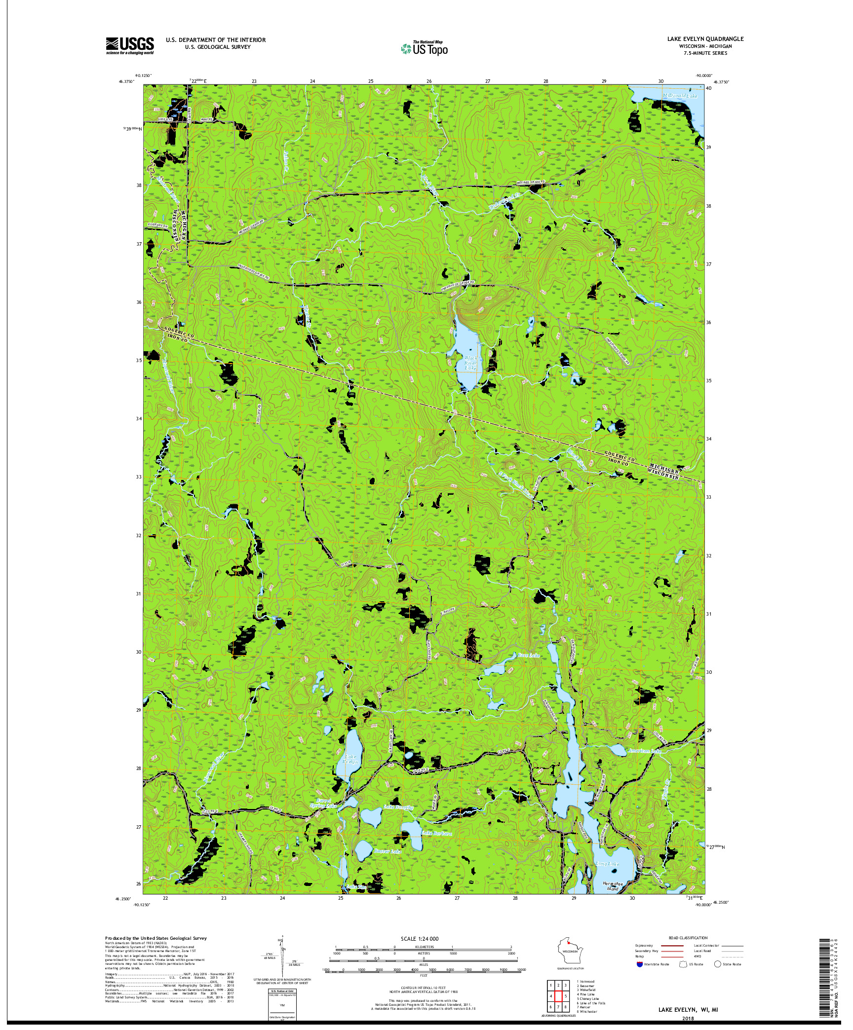 USGS US TOPO 7.5-MINUTE MAP FOR LAKE EVELYN, WI,MI 2018