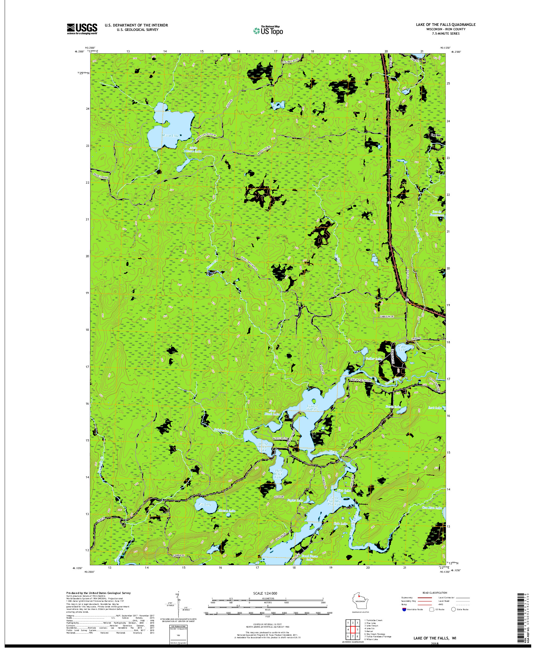 USGS US TOPO 7.5-MINUTE MAP FOR LAKE OF THE FALLS, WI 2018