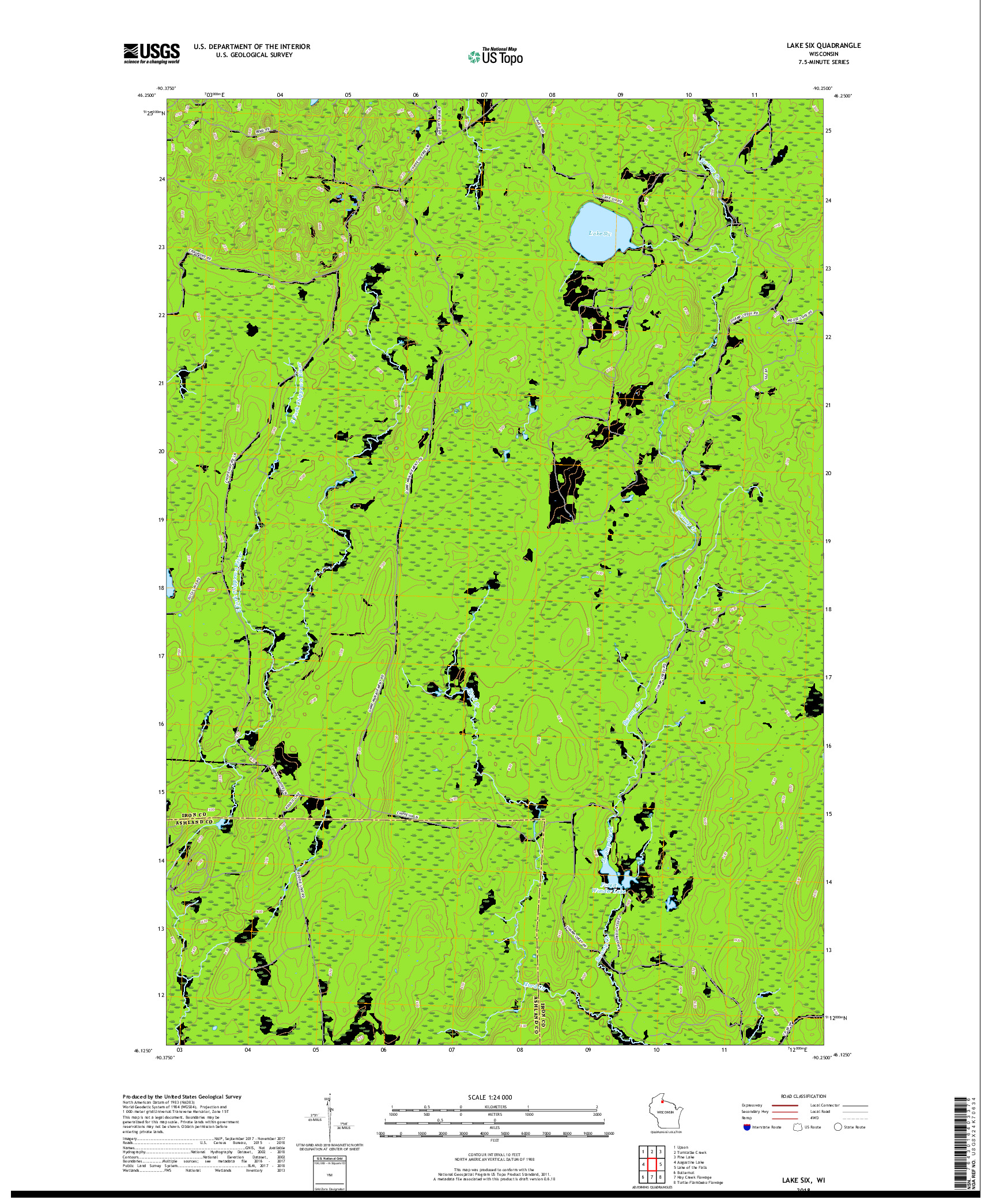 USGS US TOPO 7.5-MINUTE MAP FOR LAKE SIX, WI 2018