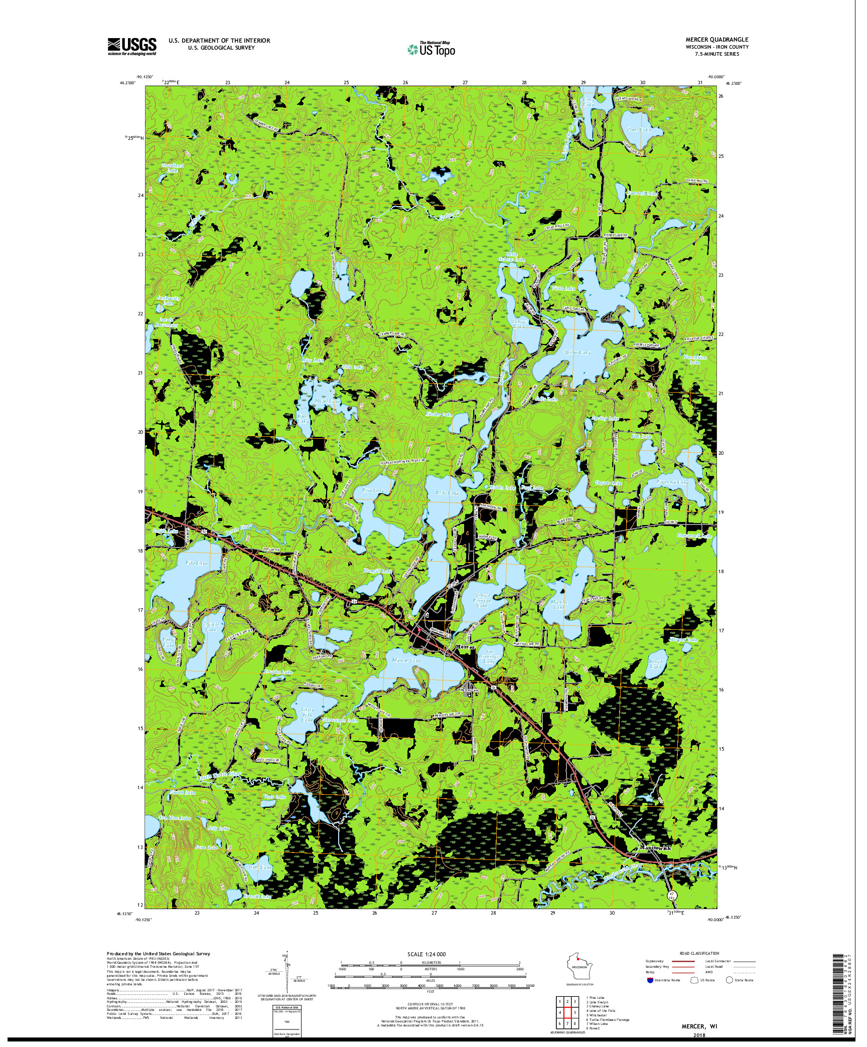USGS US TOPO 7.5-MINUTE MAP FOR MERCER, WI 2018