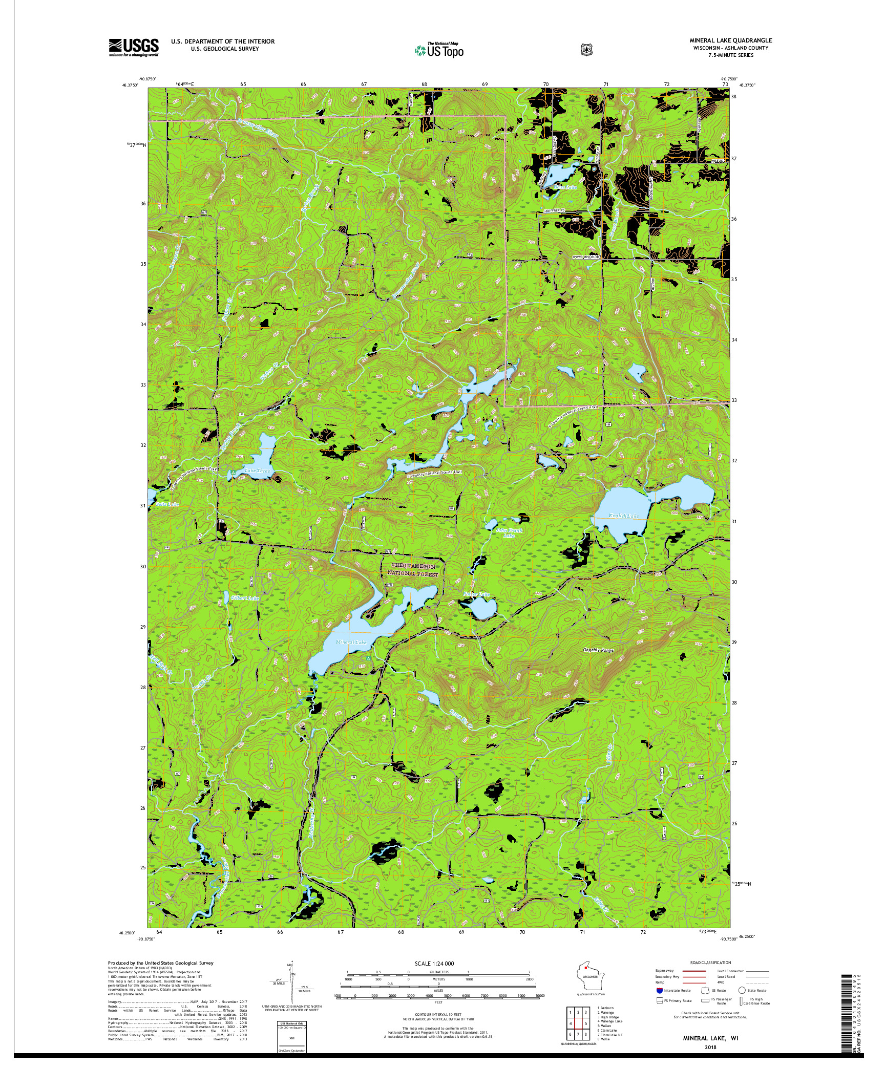 USGS US TOPO 7.5-MINUTE MAP FOR MINERAL LAKE, WI 2018