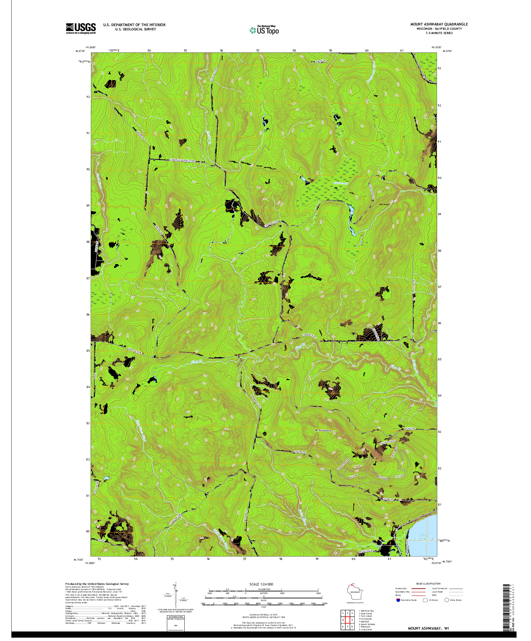 USGS US TOPO 7.5-MINUTE MAP FOR MOUNT ASHWABAY, WI 2018