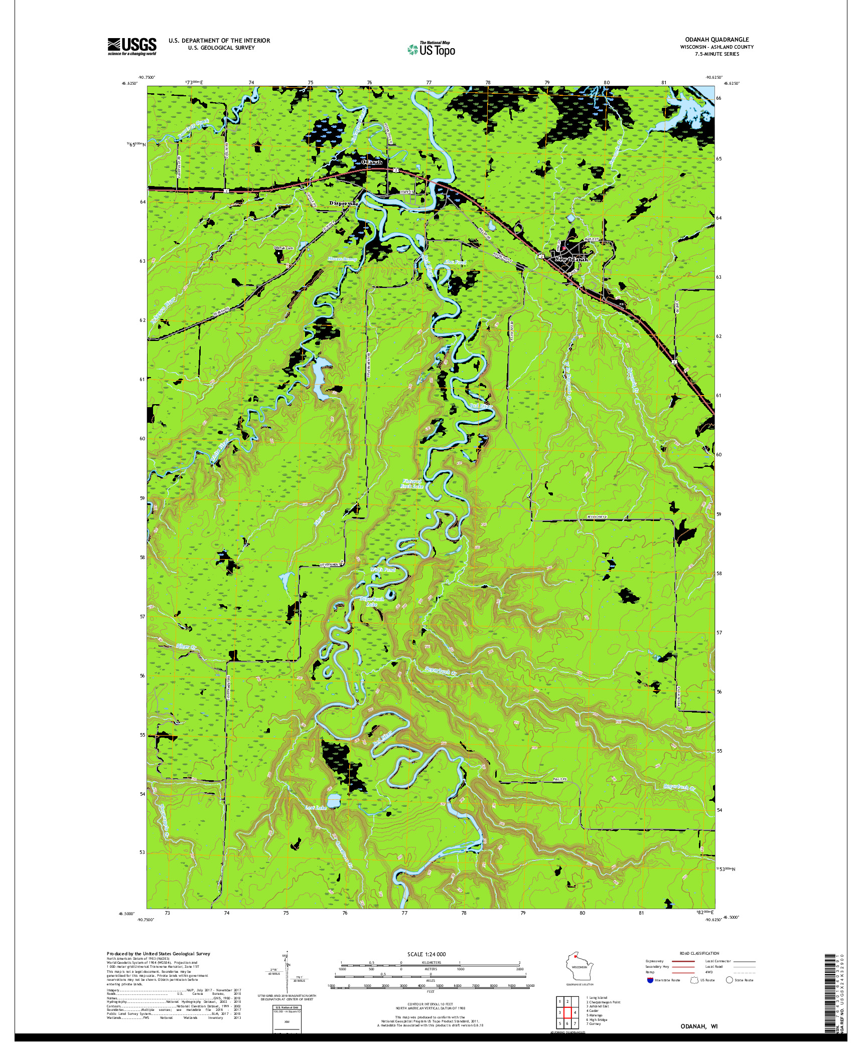 USGS US TOPO 7.5-MINUTE MAP FOR ODANAH, WI 2018