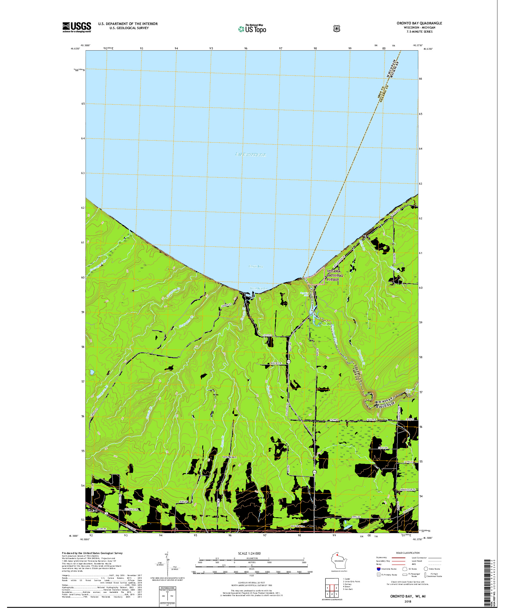 USGS US TOPO 7.5-MINUTE MAP FOR ORONTO BAY, WI,MI 2018