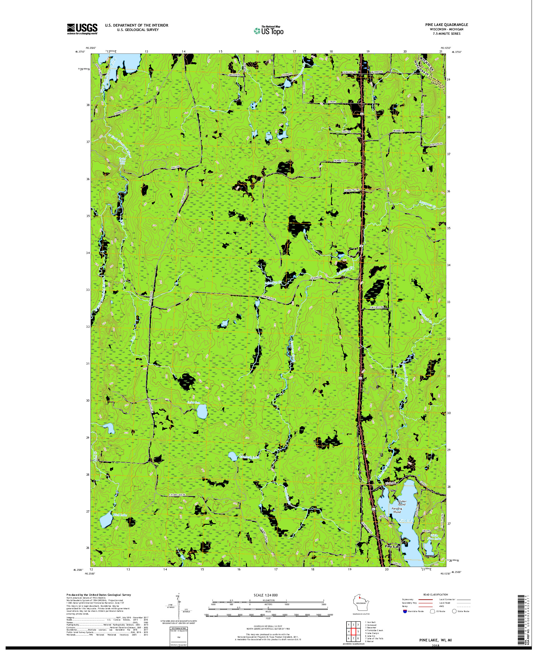 USGS US TOPO 7.5-MINUTE MAP FOR PINE LAKE, WI,MI 2018