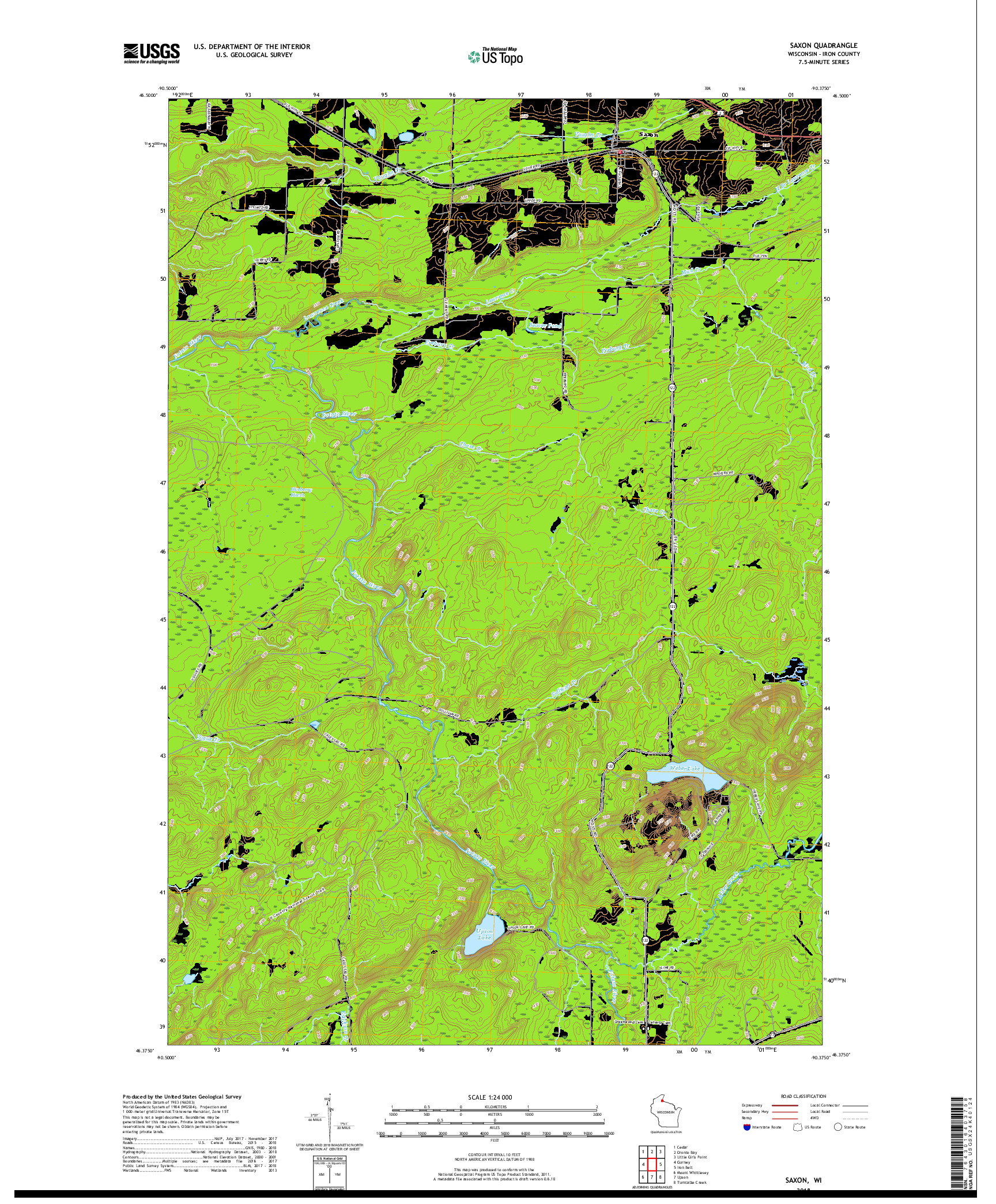 USGS US TOPO 7.5-MINUTE MAP FOR SAXON, WI 2018