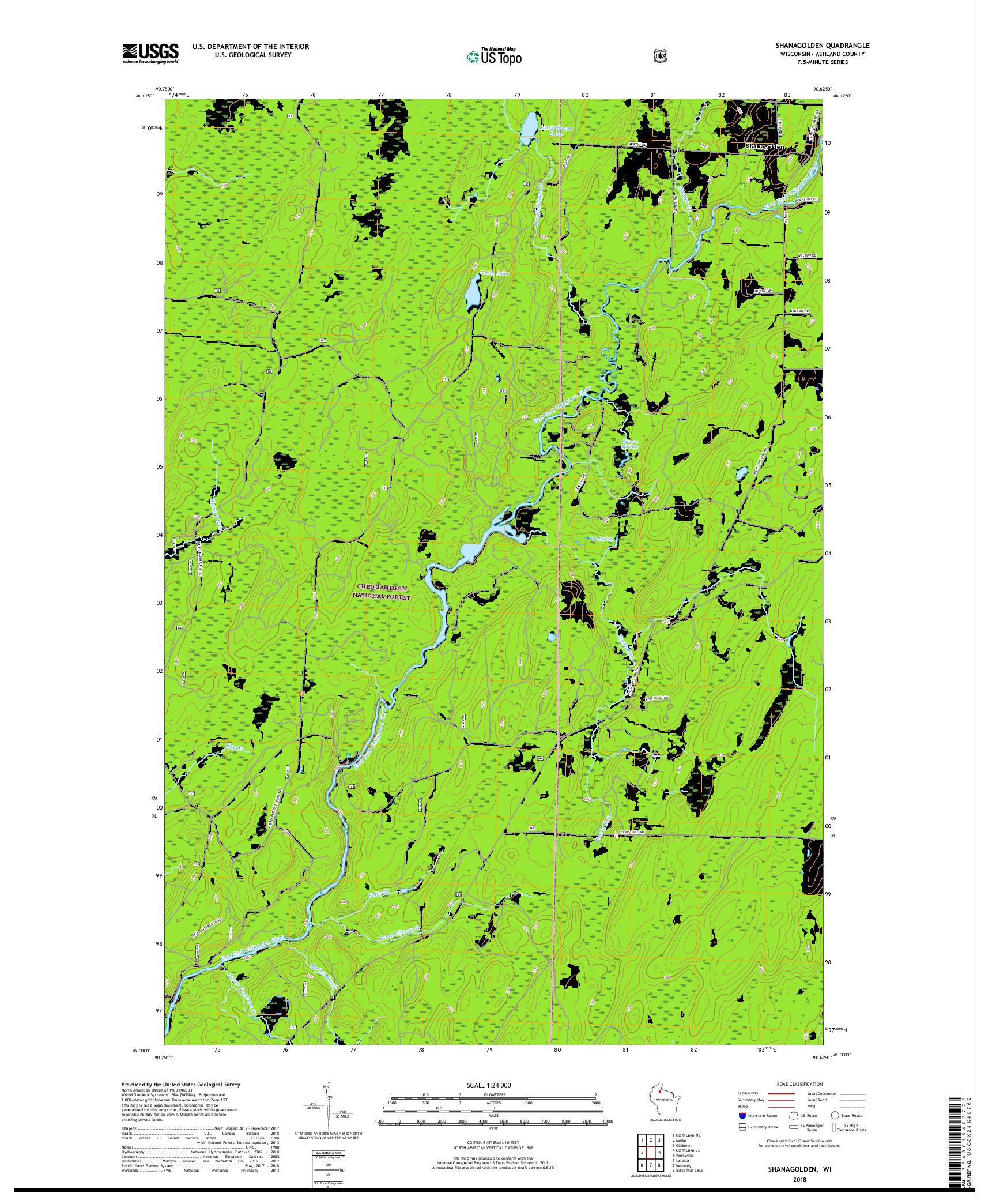 USGS US TOPO 7.5-MINUTE MAP FOR SHANAGOLDEN, WI 2018