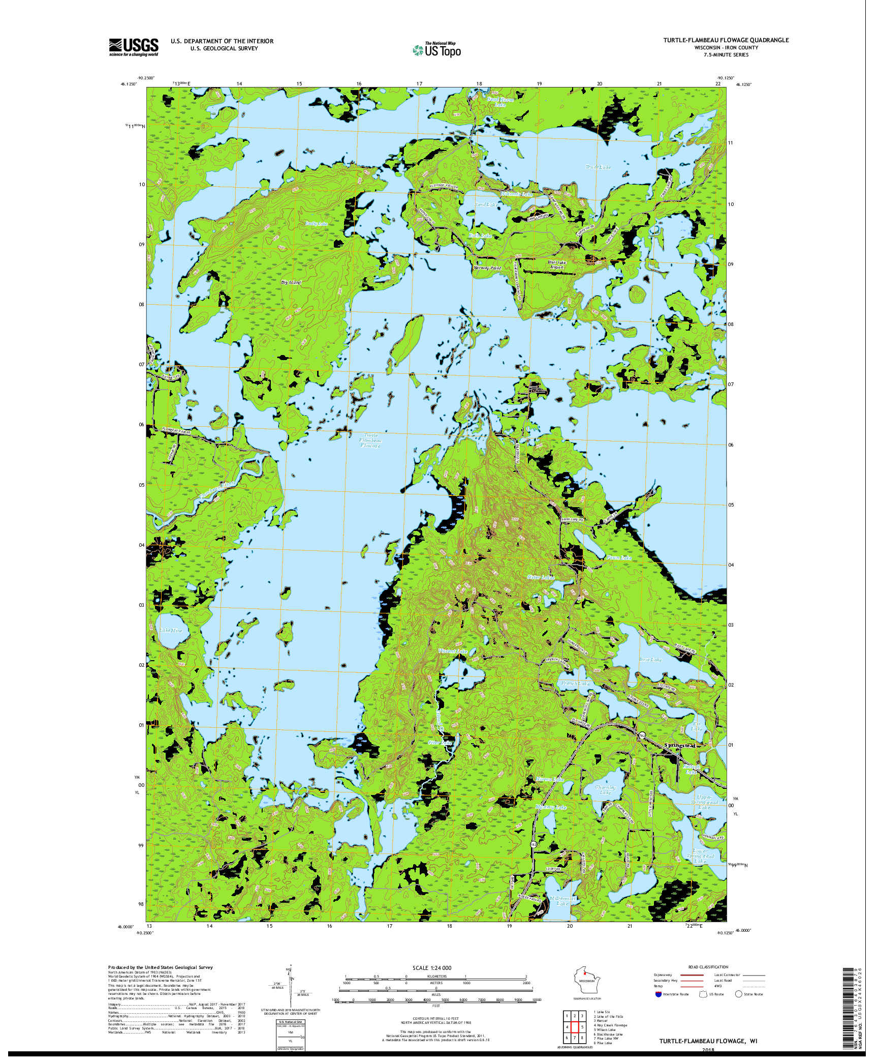 USGS US TOPO 7.5-MINUTE MAP FOR TURTLE-FLAMBEAU FLOWAGE, WI 2018