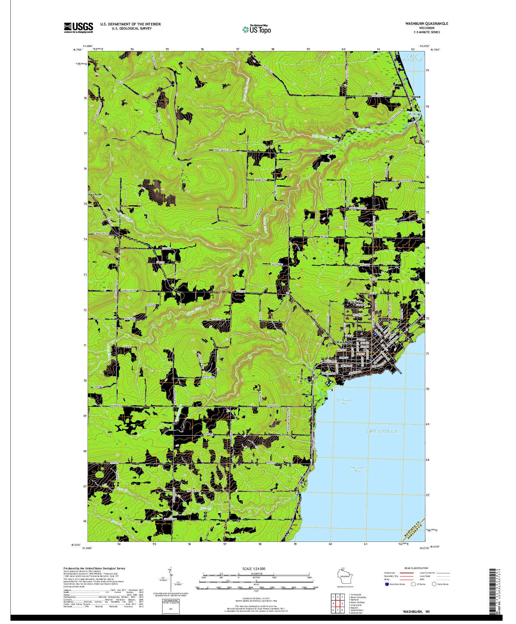 USGS US TOPO 7.5-MINUTE MAP FOR WASHBURN, WI 2018