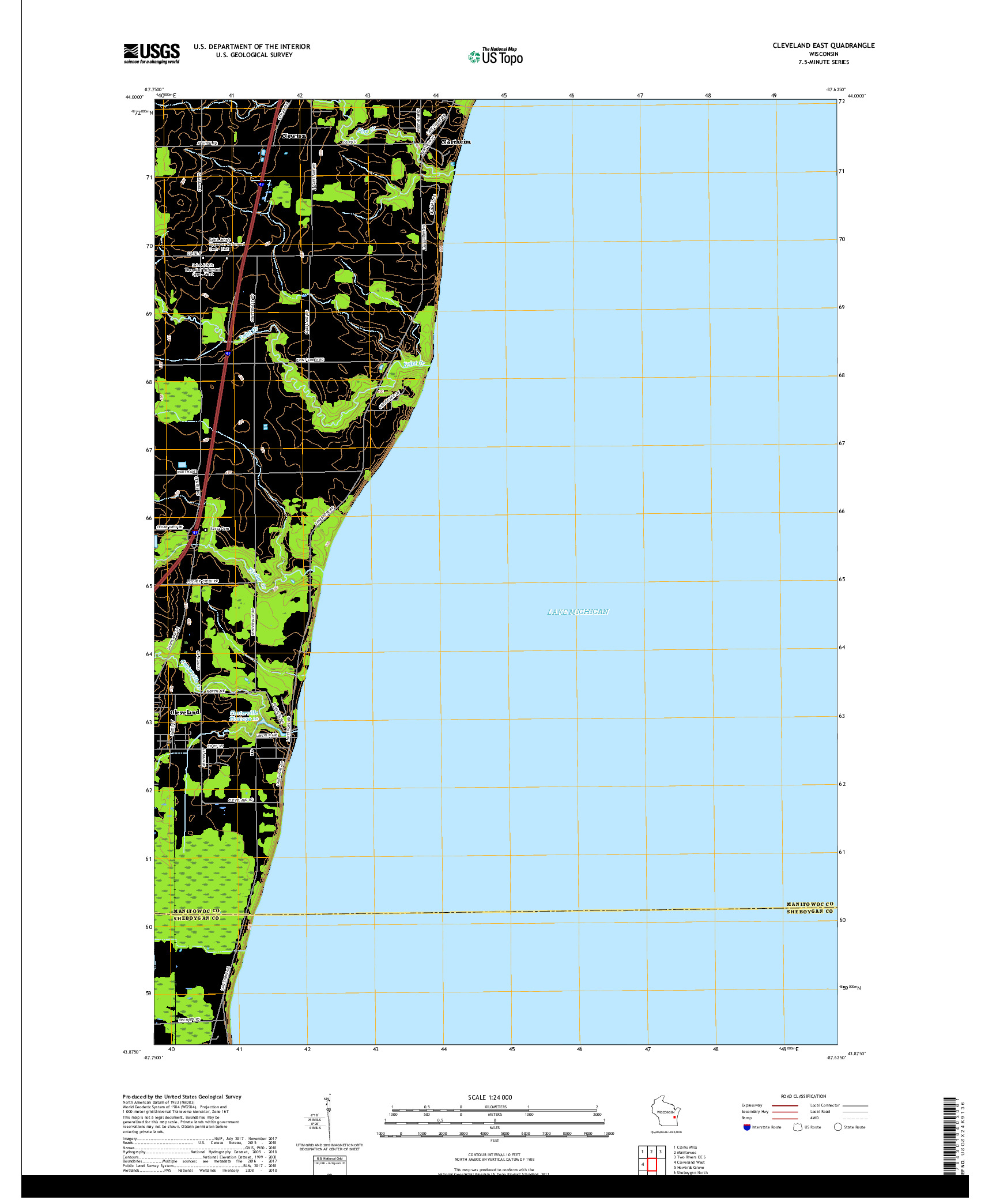 USGS US TOPO 7.5-MINUTE MAP FOR CLEVELAND EAST, WI 2018