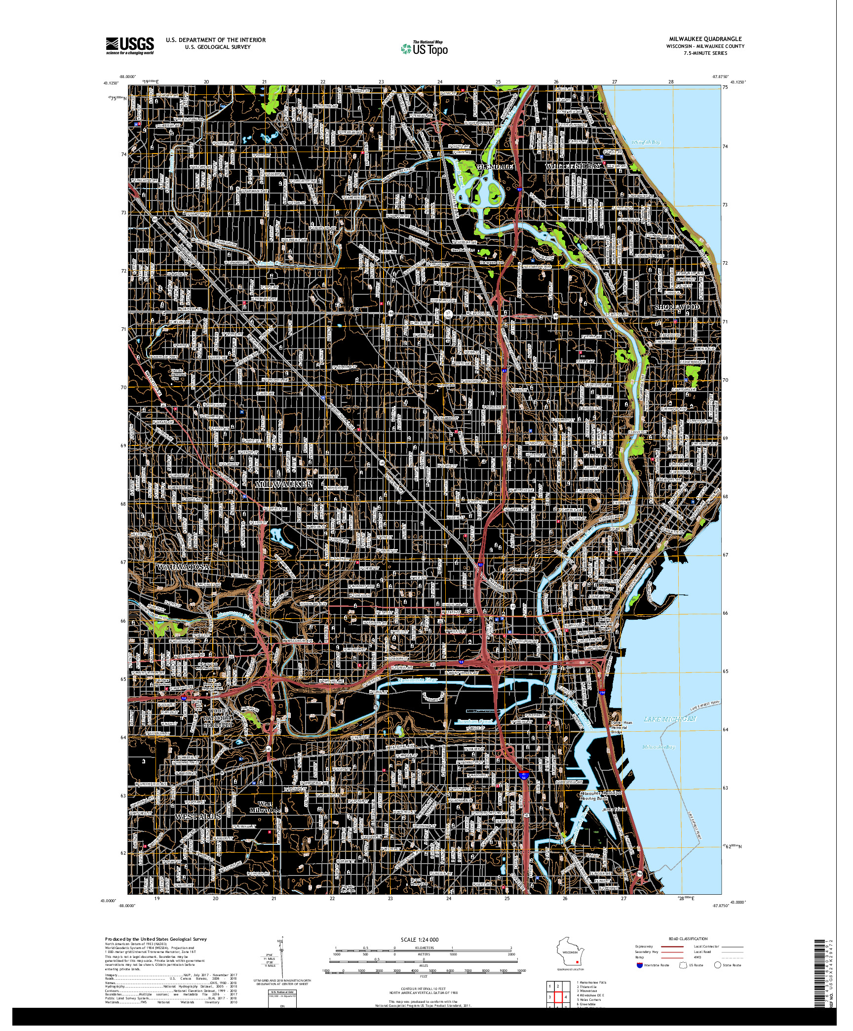 USGS US TOPO 7.5-MINUTE MAP FOR MILWAUKEE, WI 2018