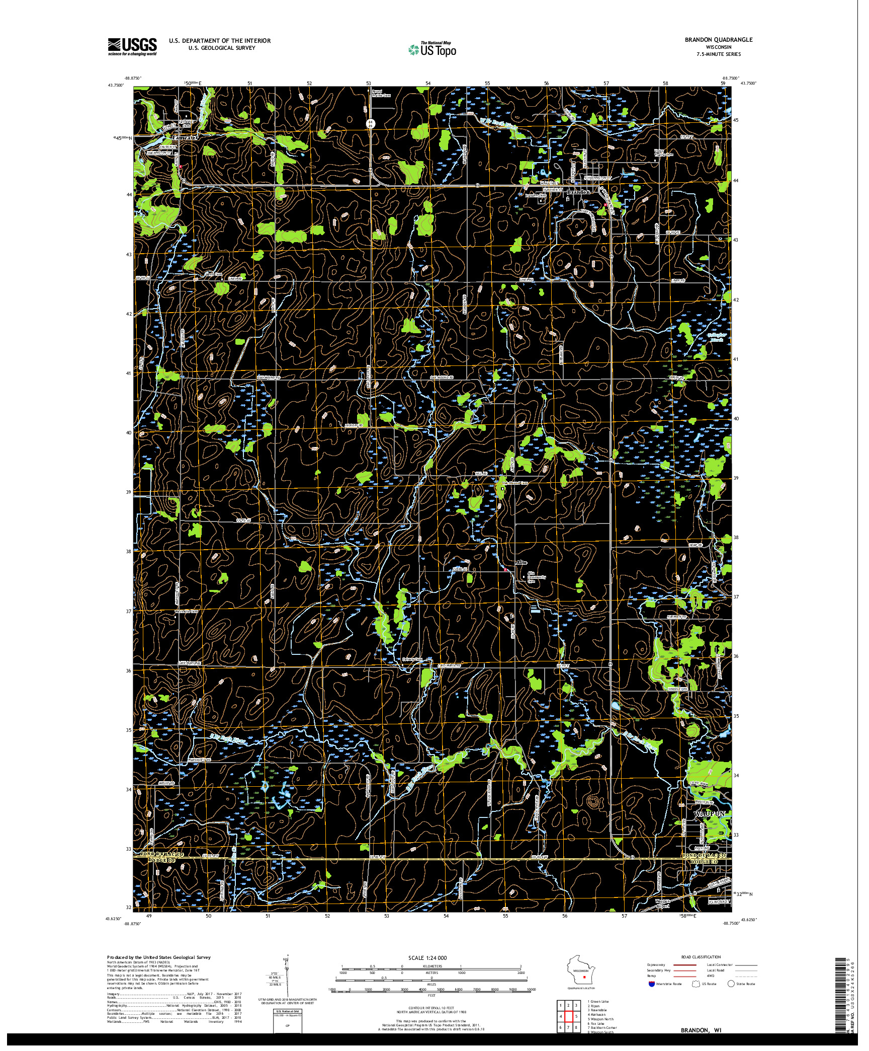 USGS US TOPO 7.5-MINUTE MAP FOR BRANDON, WI 2018