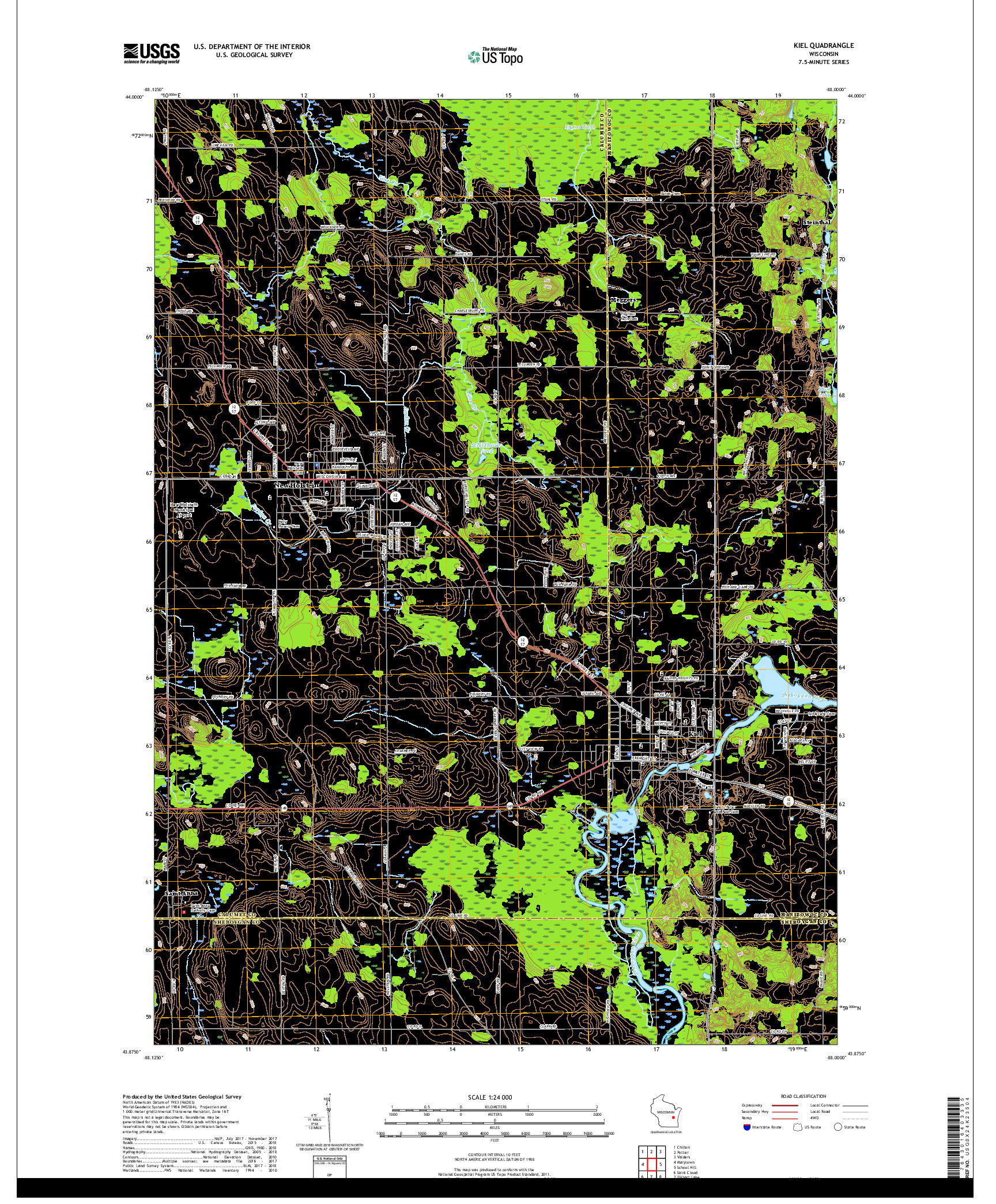 USGS US TOPO 7.5-MINUTE MAP FOR KIEL, WI 2018