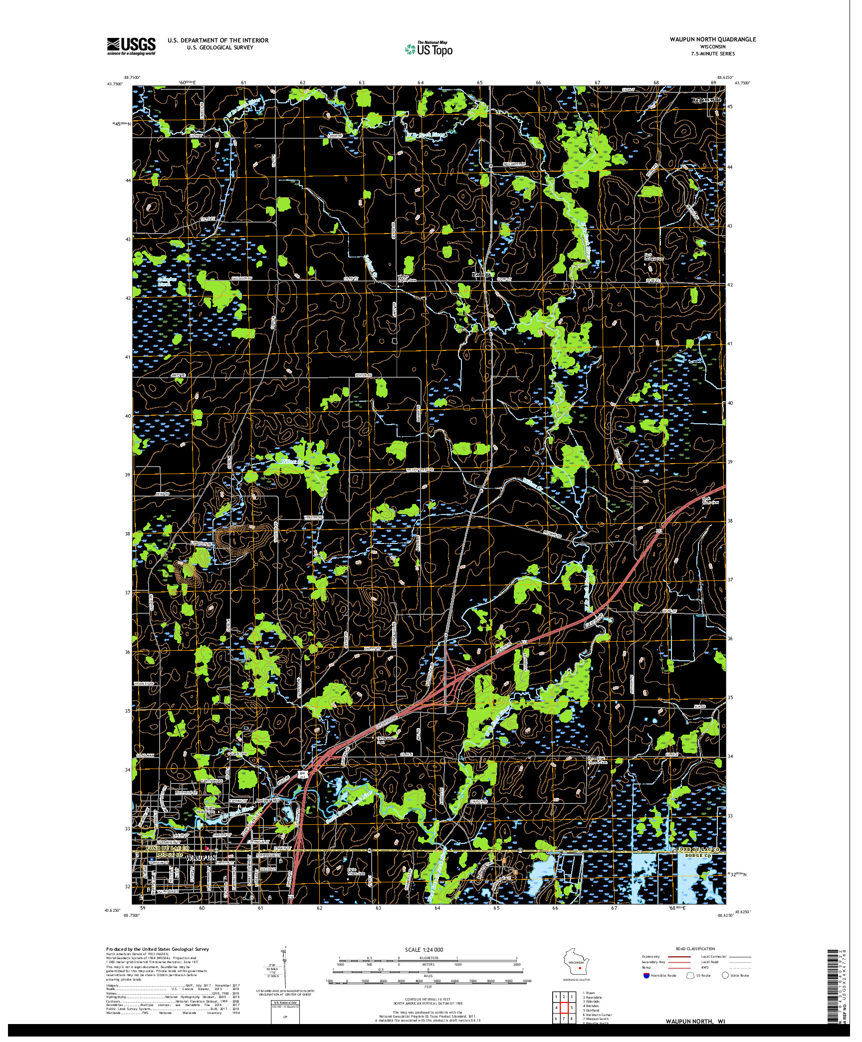 USGS US TOPO 7.5-MINUTE MAP FOR WAUPUN NORTH, WI 2018
