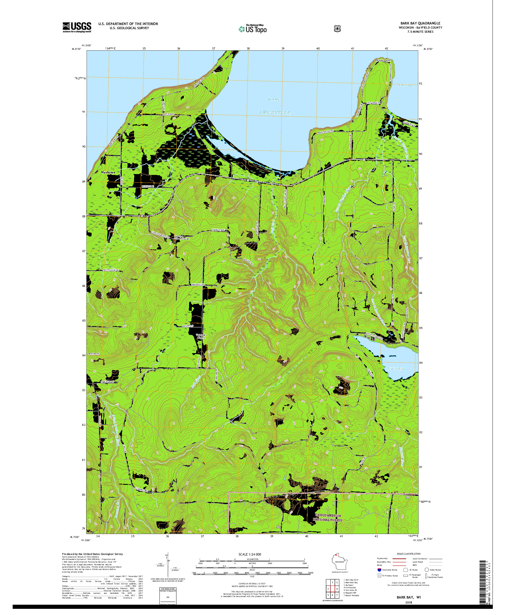 USGS US TOPO 7.5-MINUTE MAP FOR BARK BAY, WI 2018