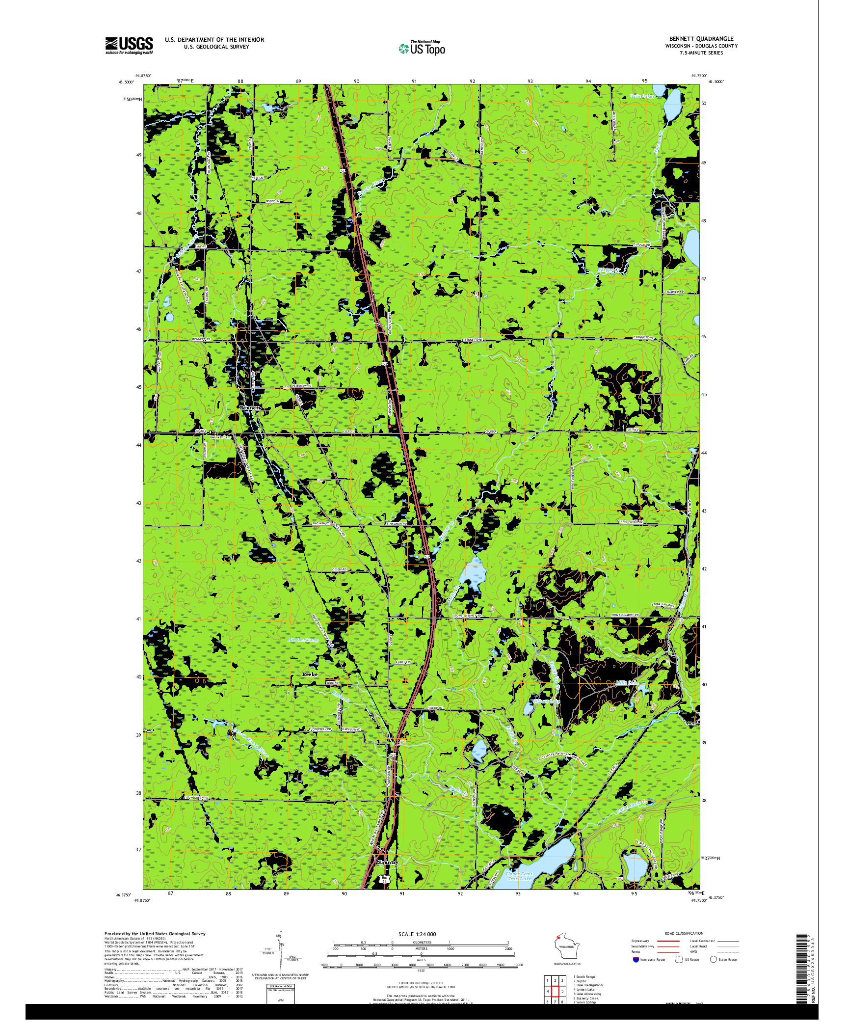 USGS US TOPO 7.5-MINUTE MAP FOR BENNETT, WI 2018