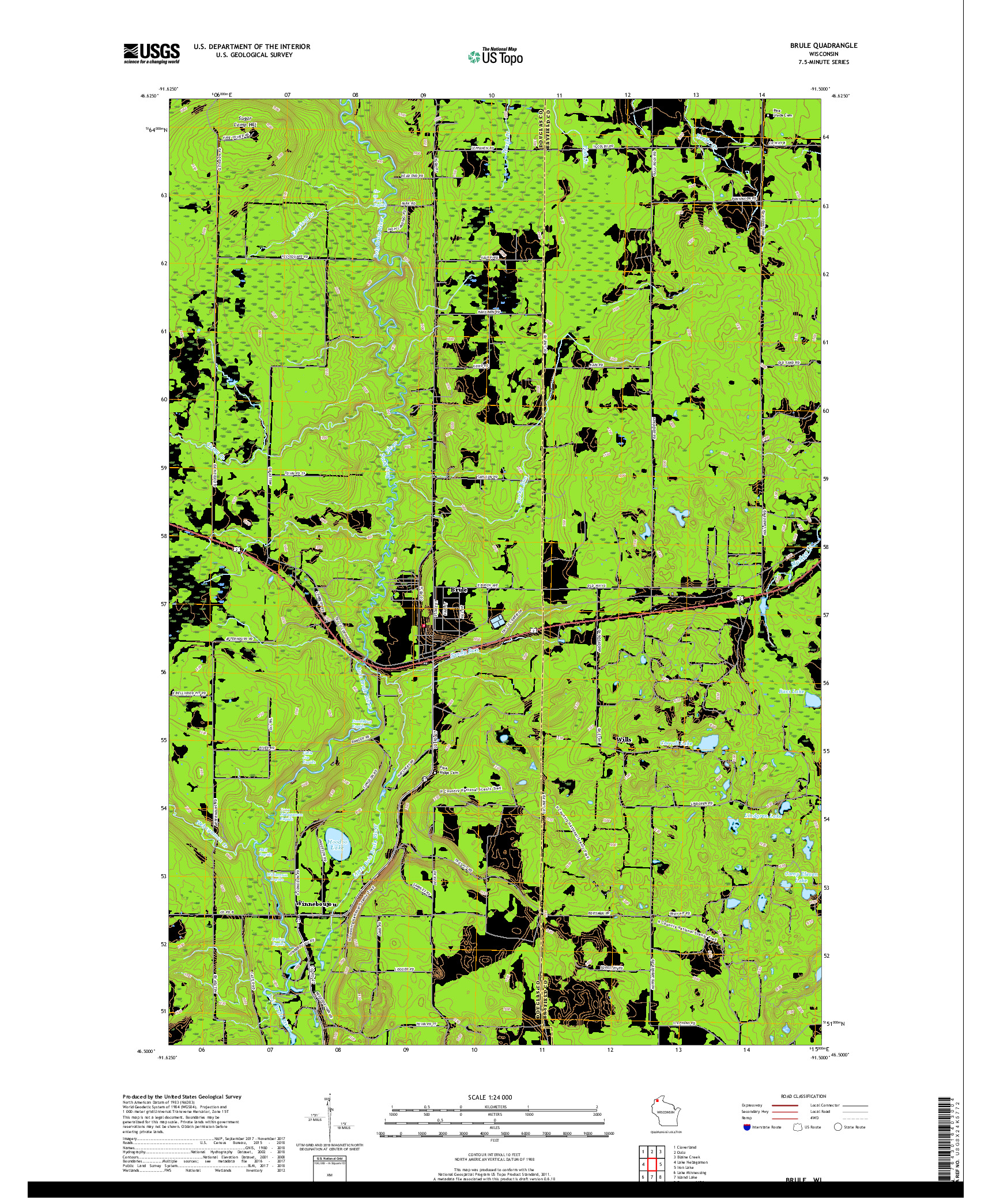 USGS US TOPO 7.5-MINUTE MAP FOR BRULE, WI 2018