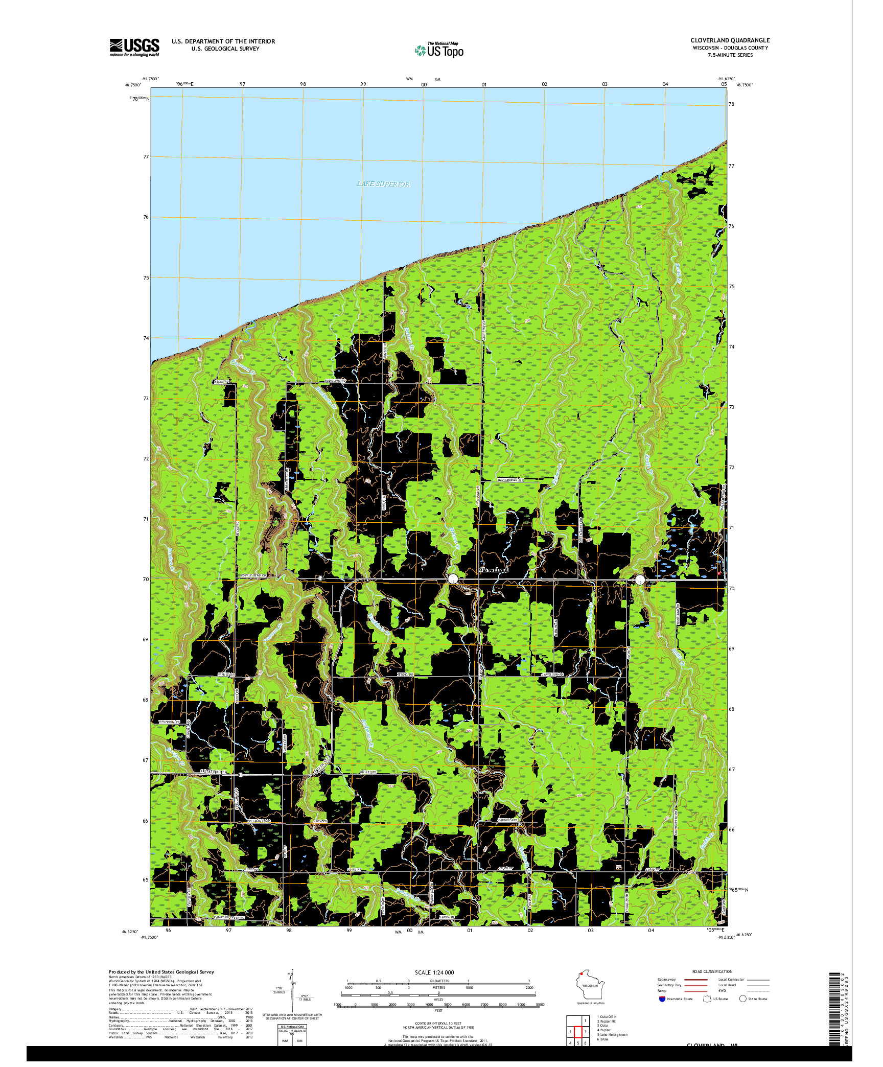 USGS US TOPO 7.5-MINUTE MAP FOR CLOVERLAND, WI 2018