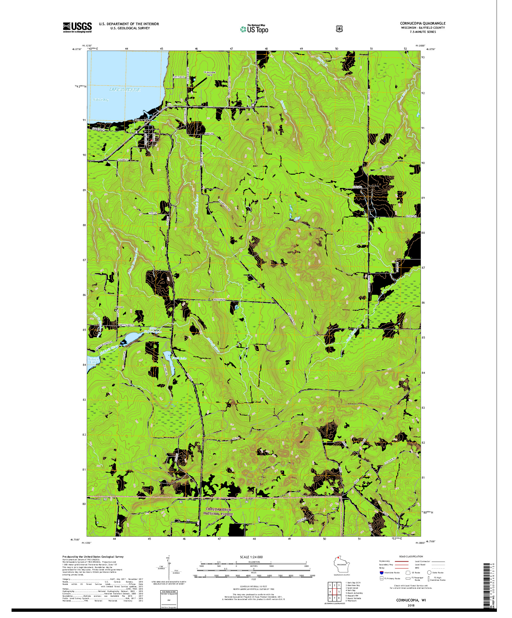 USGS US TOPO 7.5-MINUTE MAP FOR CORNUCOPIA, WI 2018