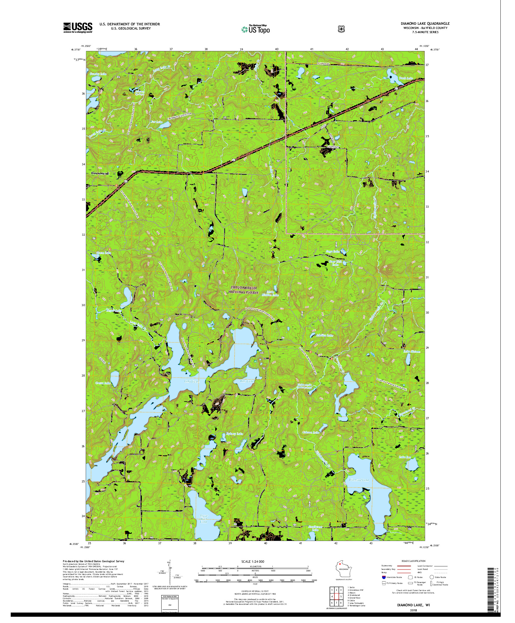 USGS US TOPO 7.5-MINUTE MAP FOR DIAMOND LAKE, WI 2018