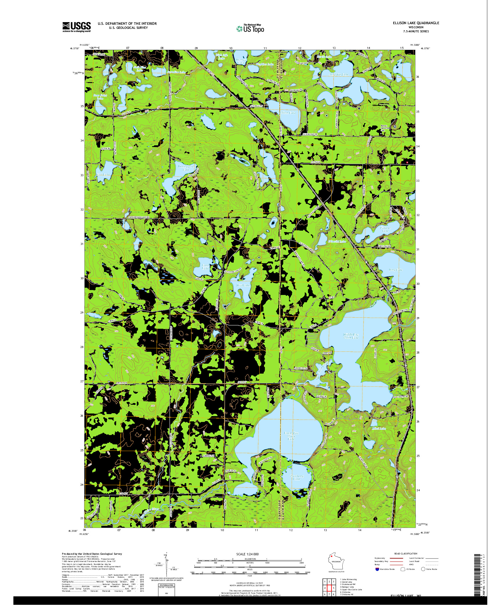 USGS US TOPO 7.5-MINUTE MAP FOR ELLISON LAKE, WI 2018