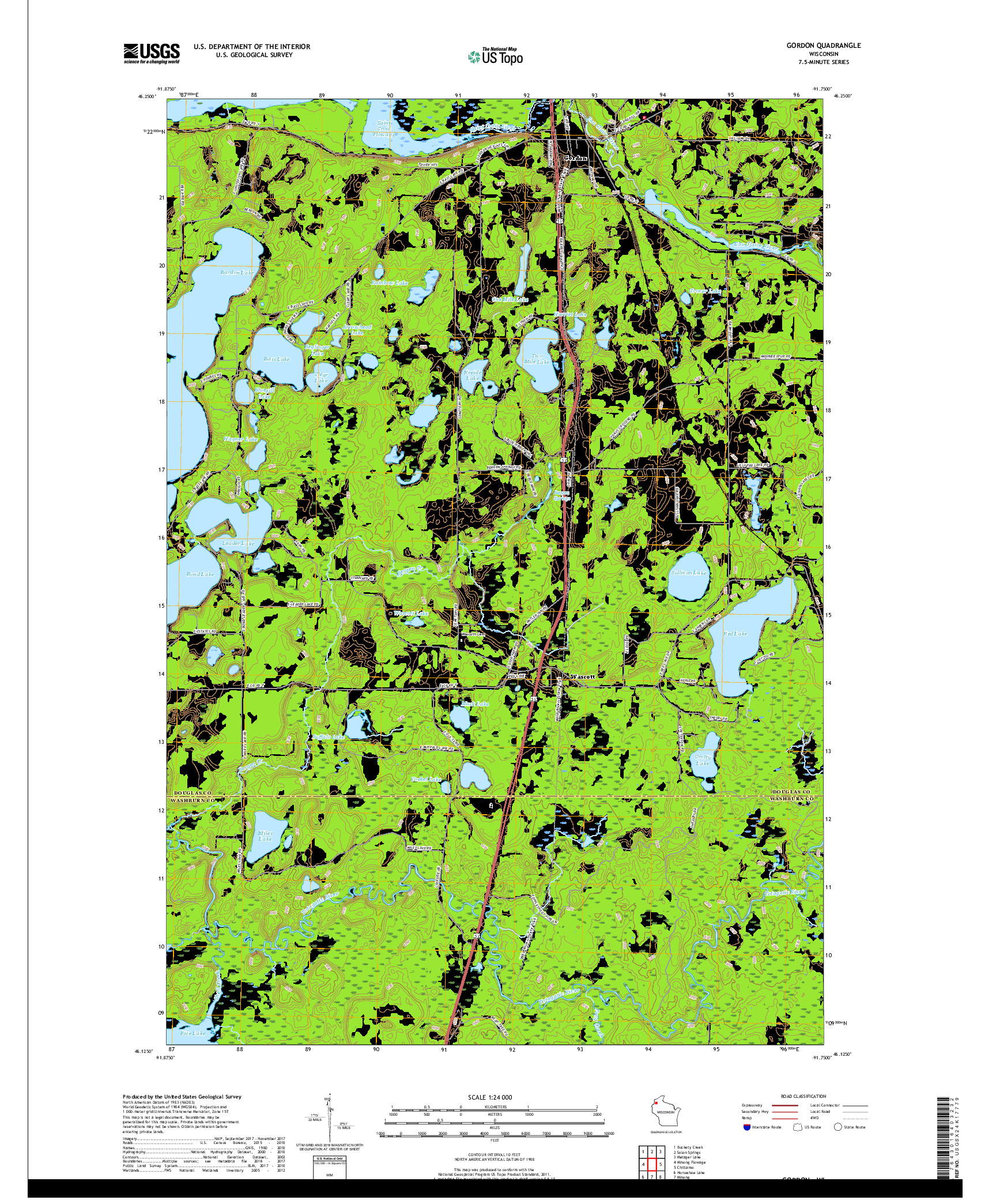 USGS US TOPO 7.5-MINUTE MAP FOR GORDON, WI 2018