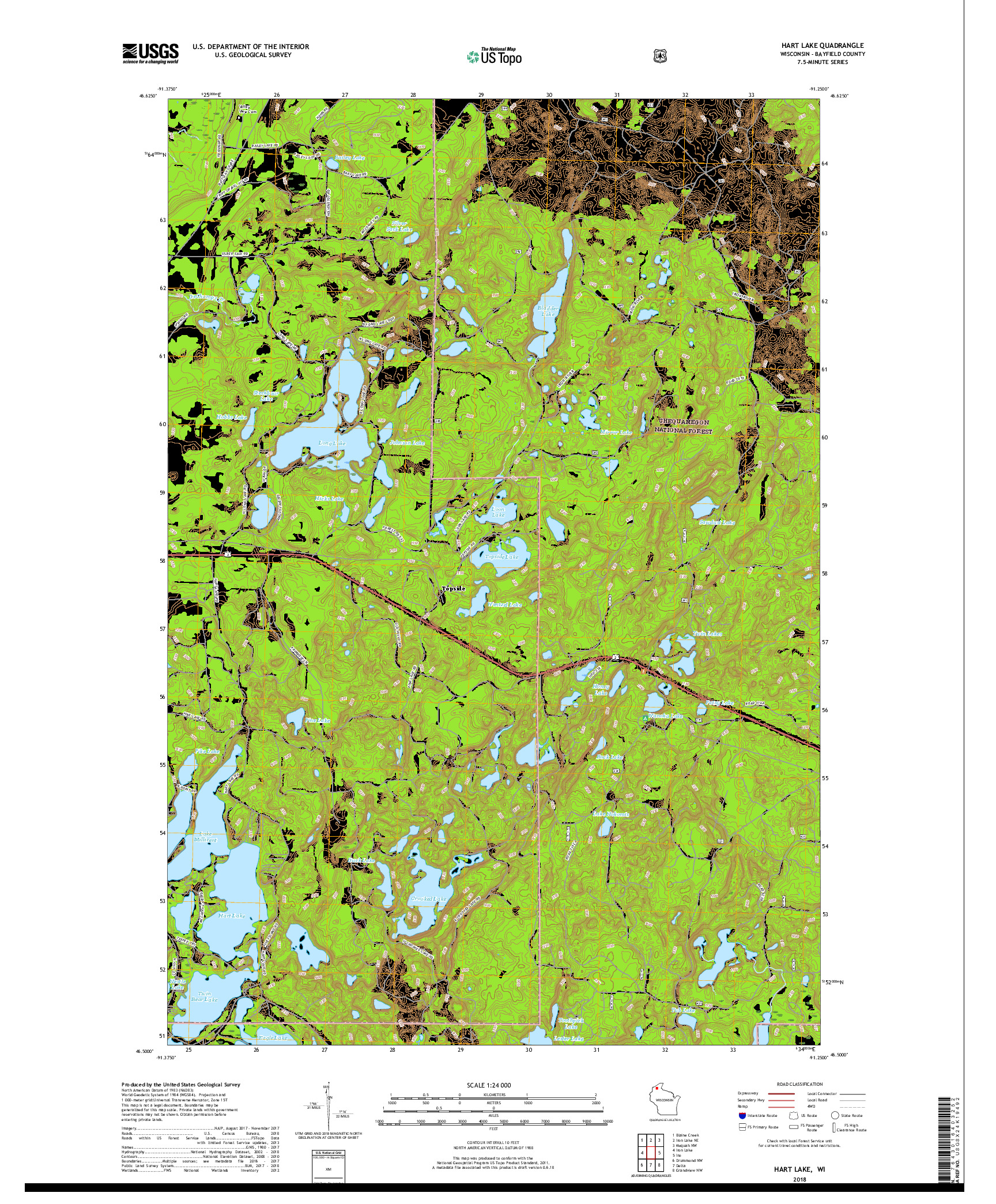 USGS US TOPO 7.5-MINUTE MAP FOR HART LAKE, WI 2018