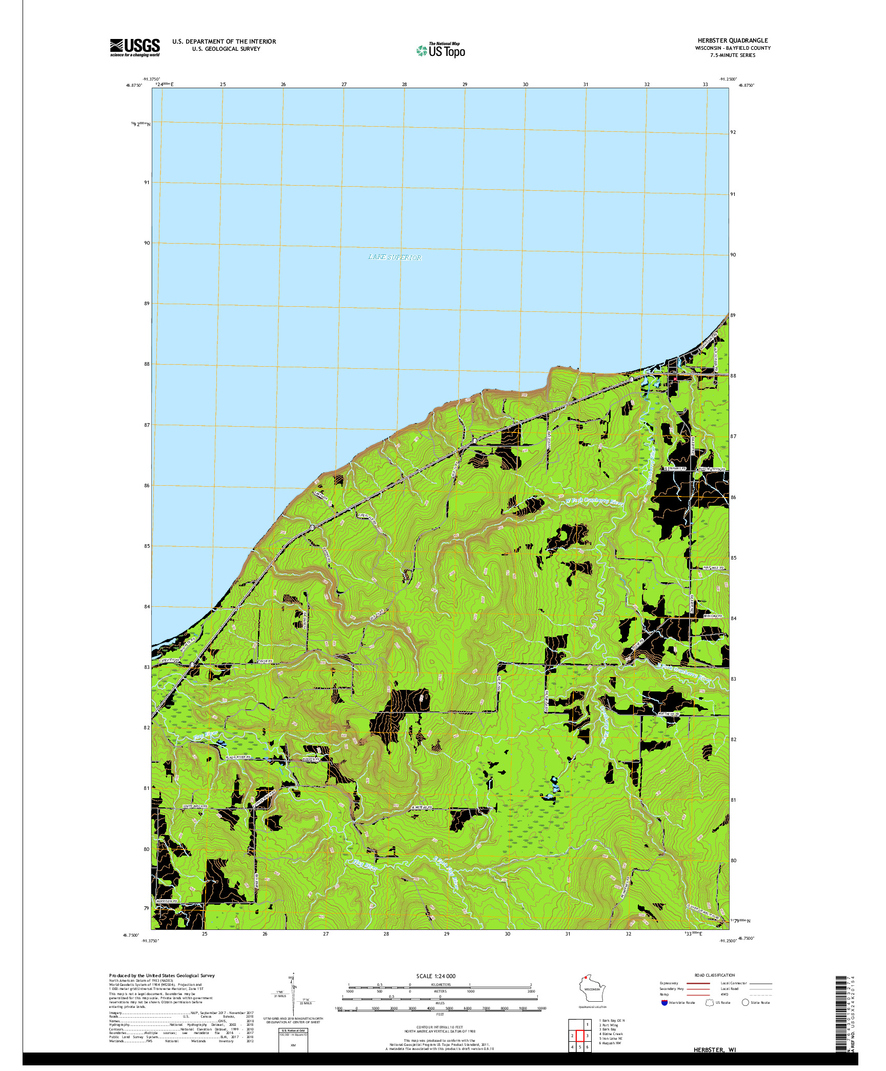 USGS US TOPO 7.5-MINUTE MAP FOR HERBSTER, WI 2018