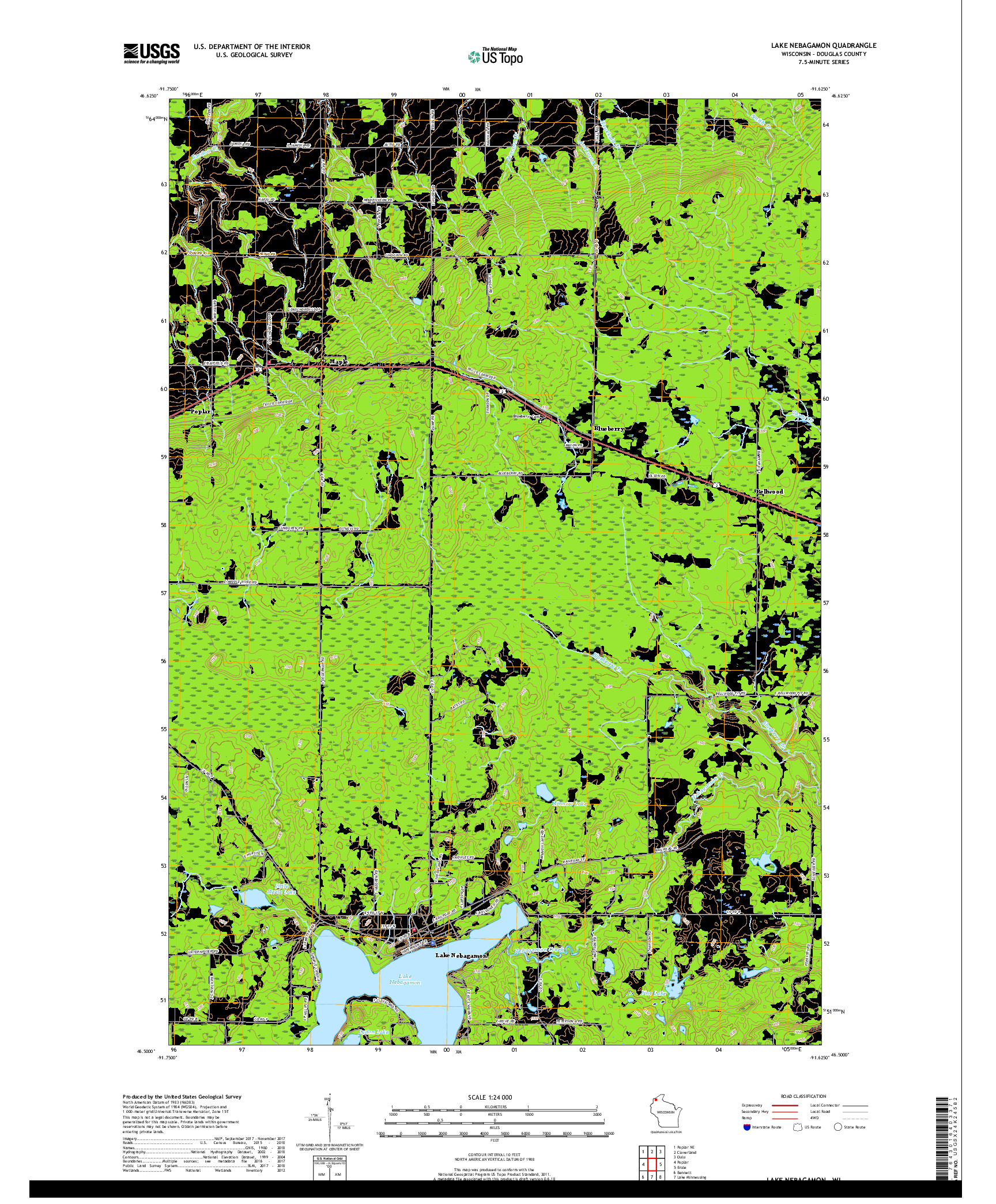 USGS US TOPO 7.5-MINUTE MAP FOR LAKE NEBAGAMON, WI 2018