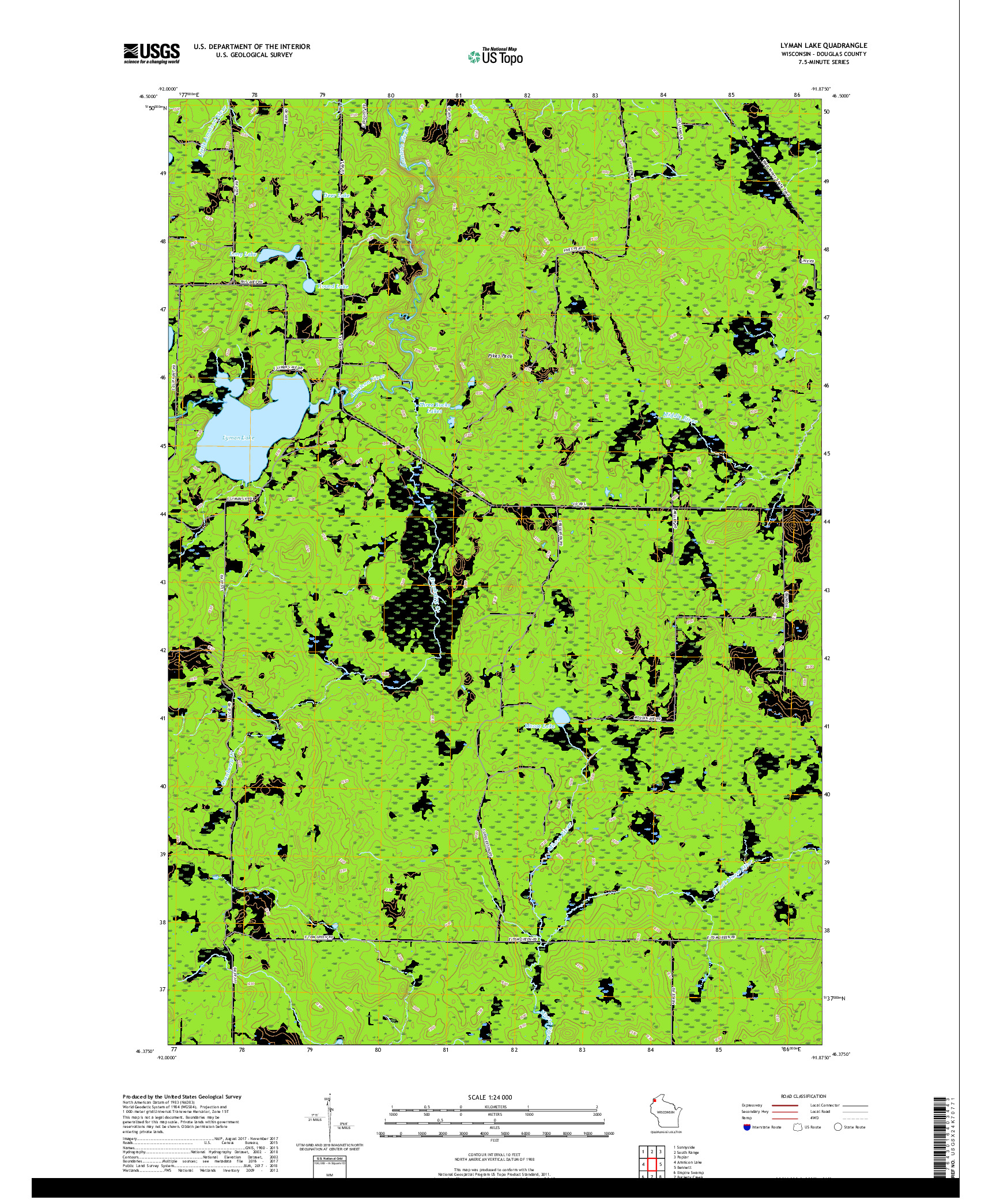 USGS US TOPO 7.5-MINUTE MAP FOR LYMAN LAKE, WI 2018
