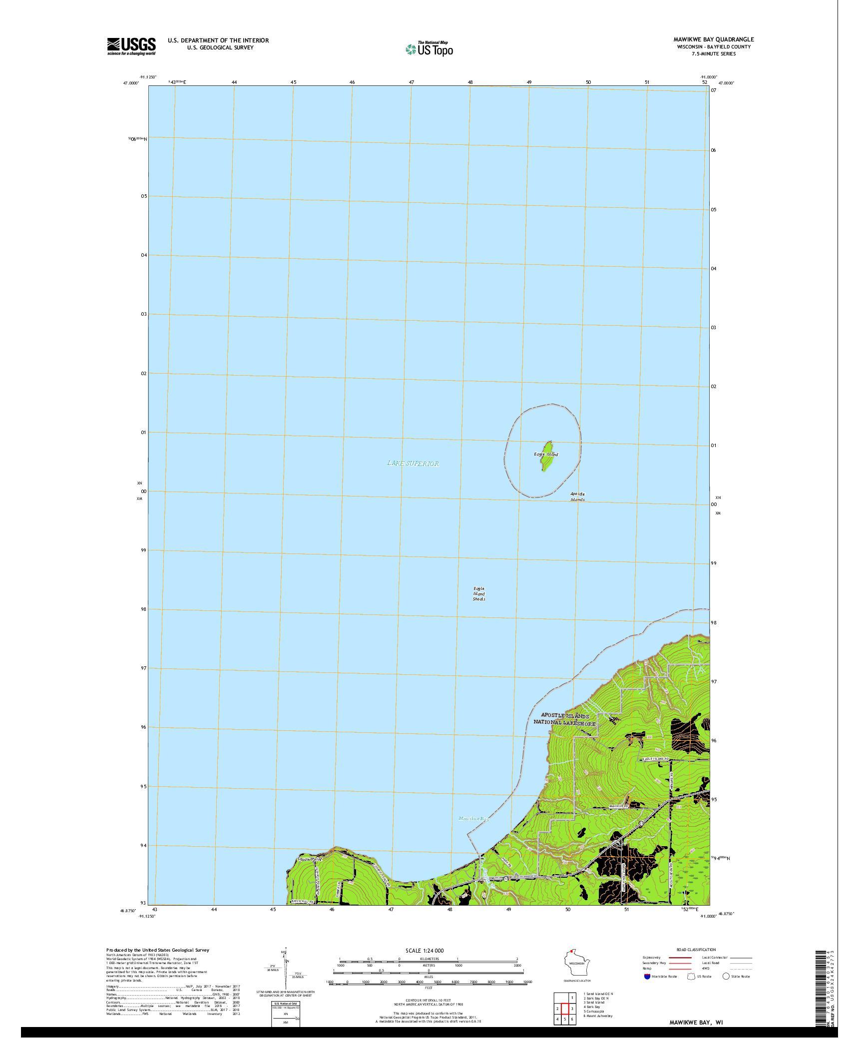 USGS US TOPO 7.5-MINUTE MAP FOR MAWIKWE BAY, WI 2018